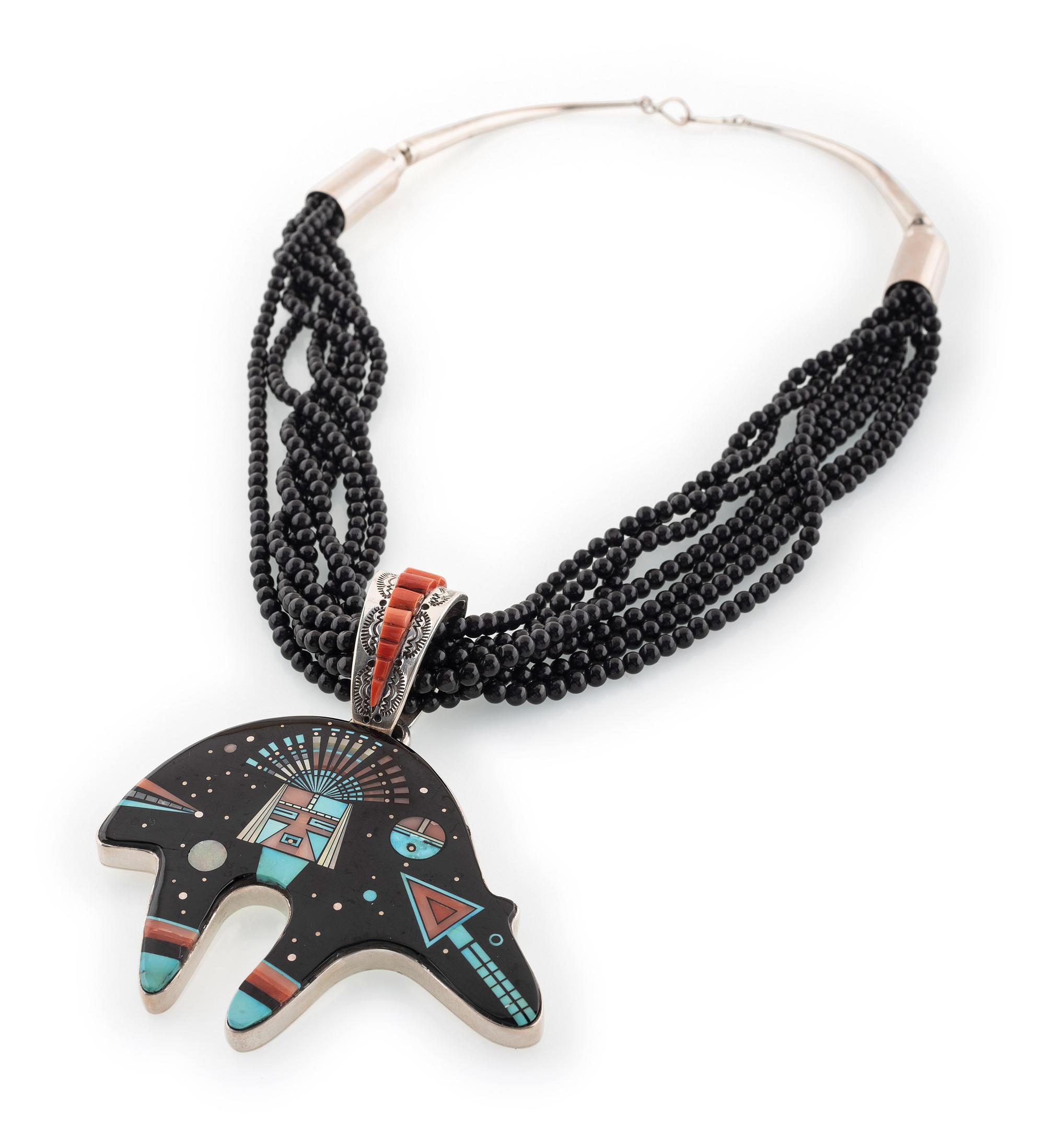 Multi-Strand Necklace, with Mosaic Inlay Bear Pendant