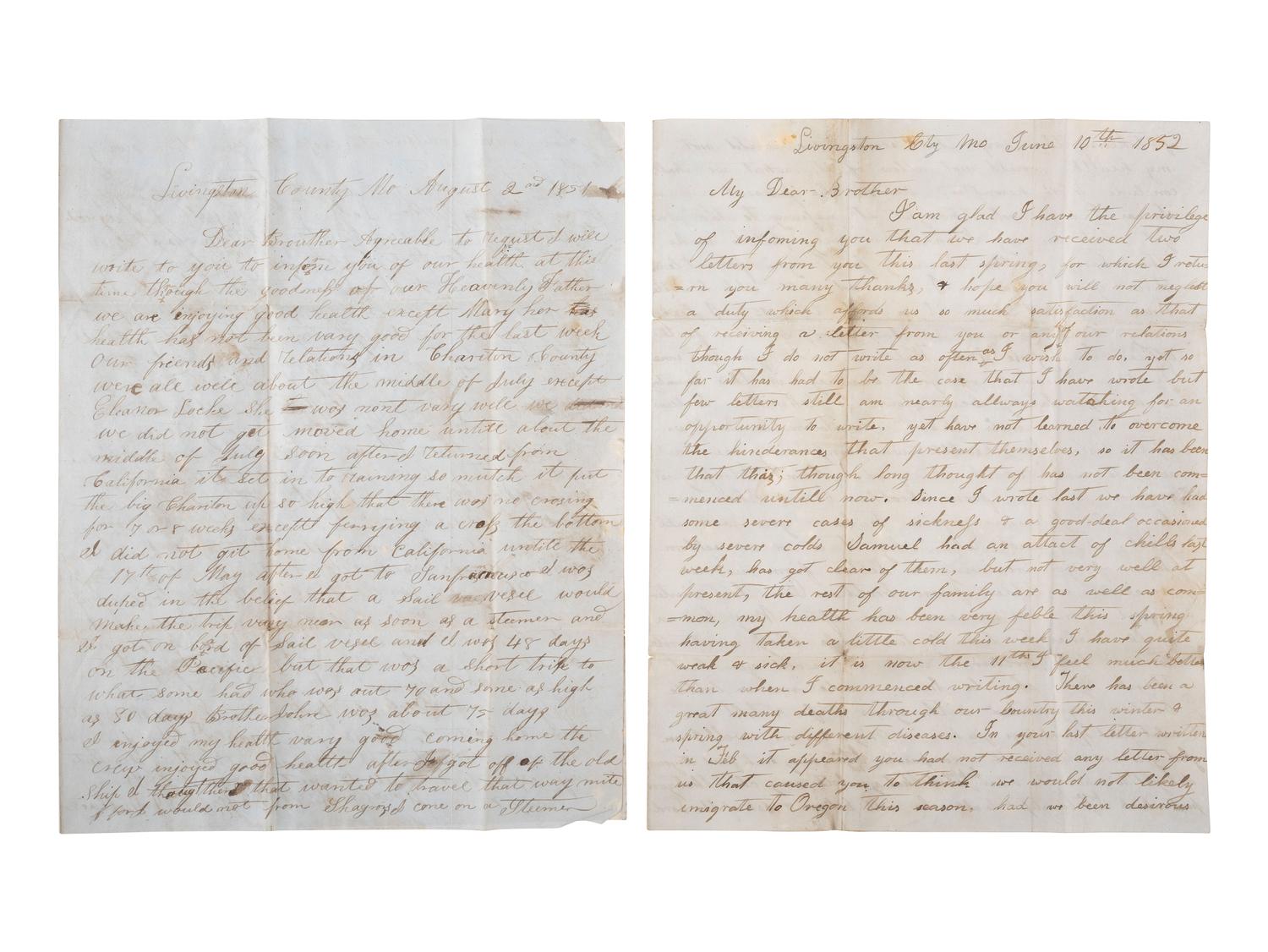 [WESTERN AMERICANA]. A group of 5 letters sent from Missouri and hand-carried along the Oregon Trail to Charles H. Burch (1828-1904), a "Pioneer of 1844" and one of Oregon's earliest settlers.