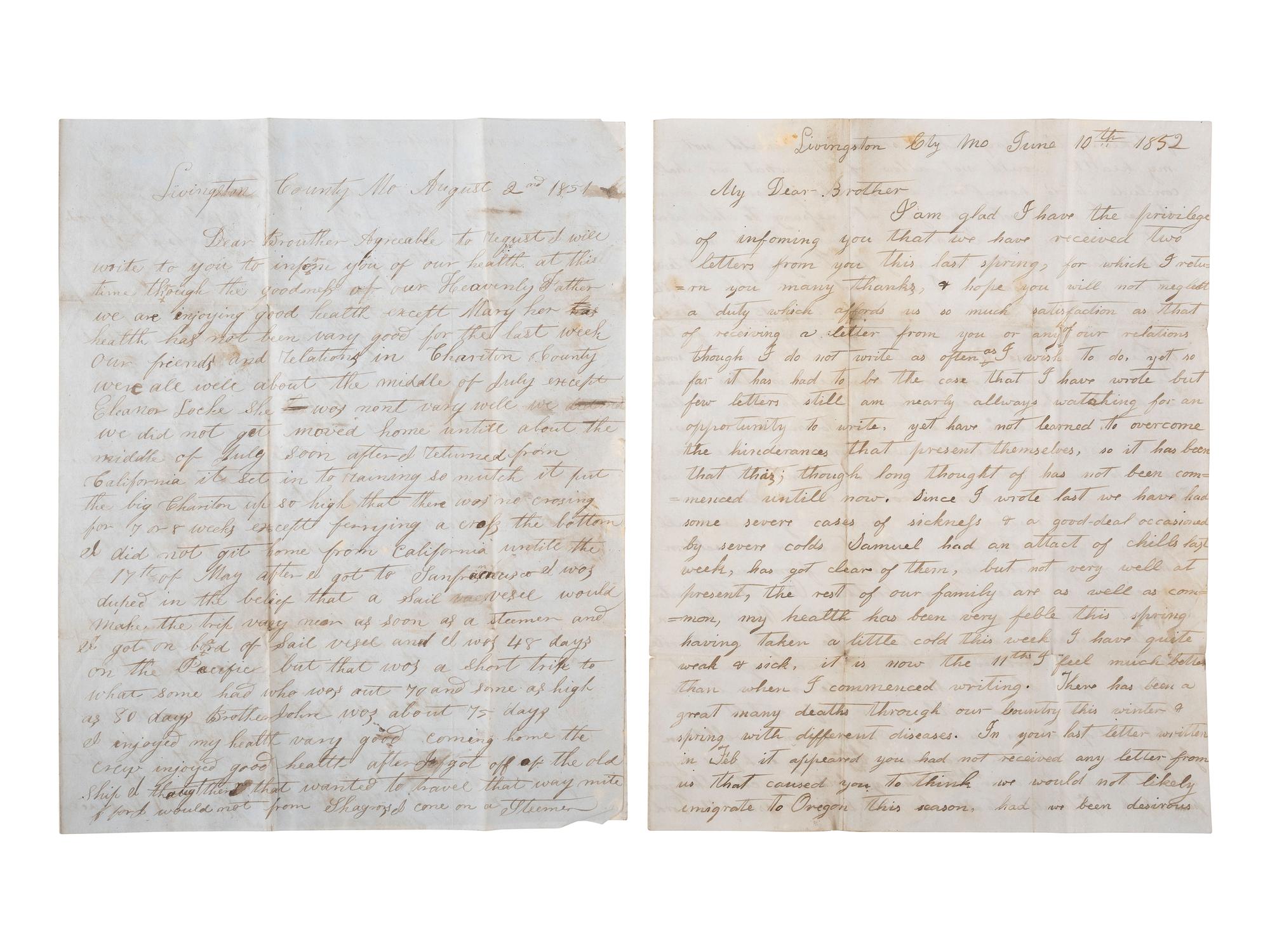 [WESTERN AMERICANA]. A group of 5 letters sent from Missouri and hand-carried along the Oregon Trail to Charles H. Burch (1828-1904), a "Pioneer of 1844" and one of Oregon's earliest settlers.
