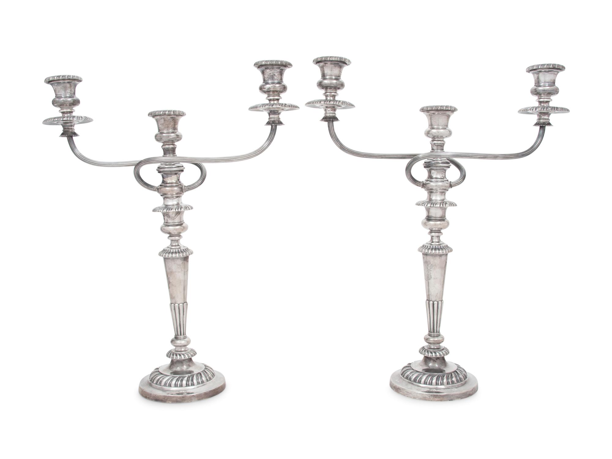 A Pair of English Silver Three-Light Candelabra