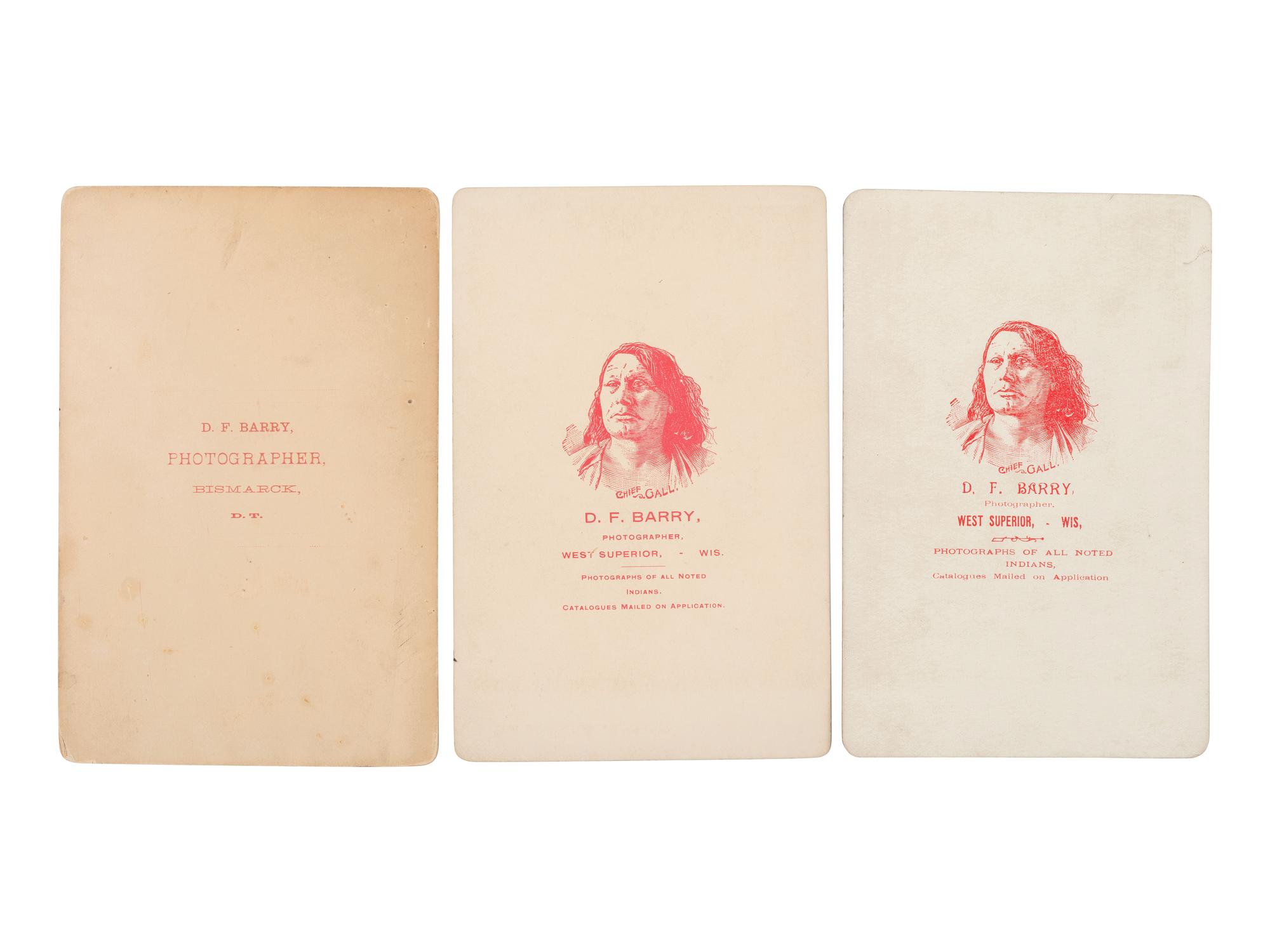 BARRY, David F. (1854-1934), photographer. Three cabinet cards of Hunkpapa Lakota Chief Gall, his wife, and nephew.