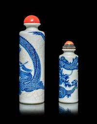 Two Chinese Blue and White Porcelain 'Dragon' Cylindrical-Form Snuff Bottles