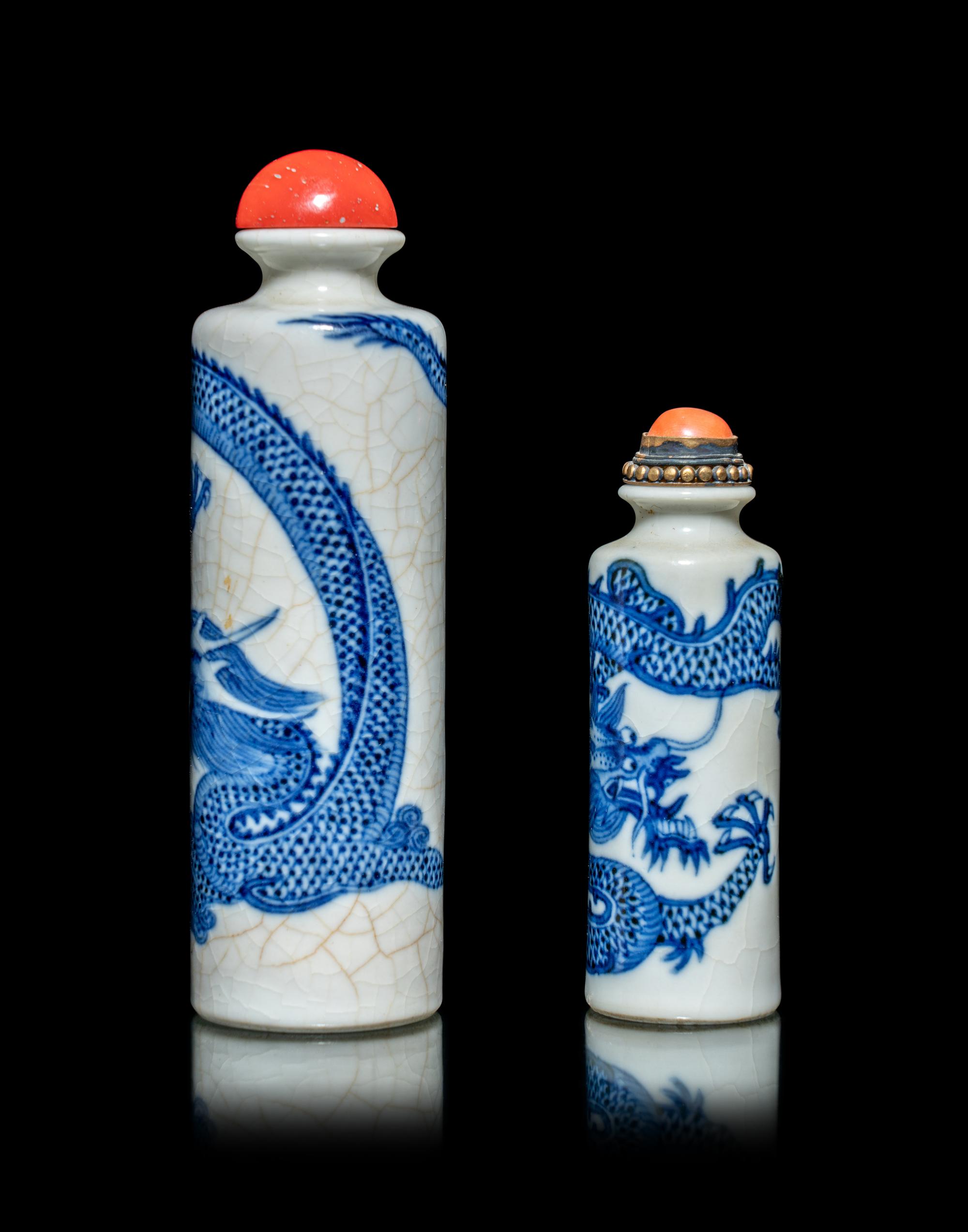 Two Chinese Blue and White Porcelain 'Dragon' Cylindrical-Form Snuff Bottles