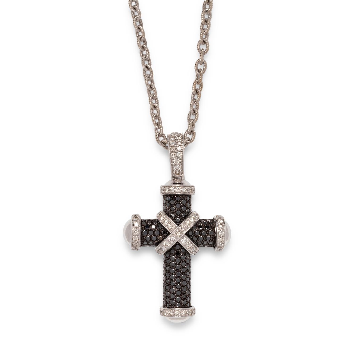 DIAMOND AND BLACK DIAMOND CROSS PENDANT/ NECKLACE