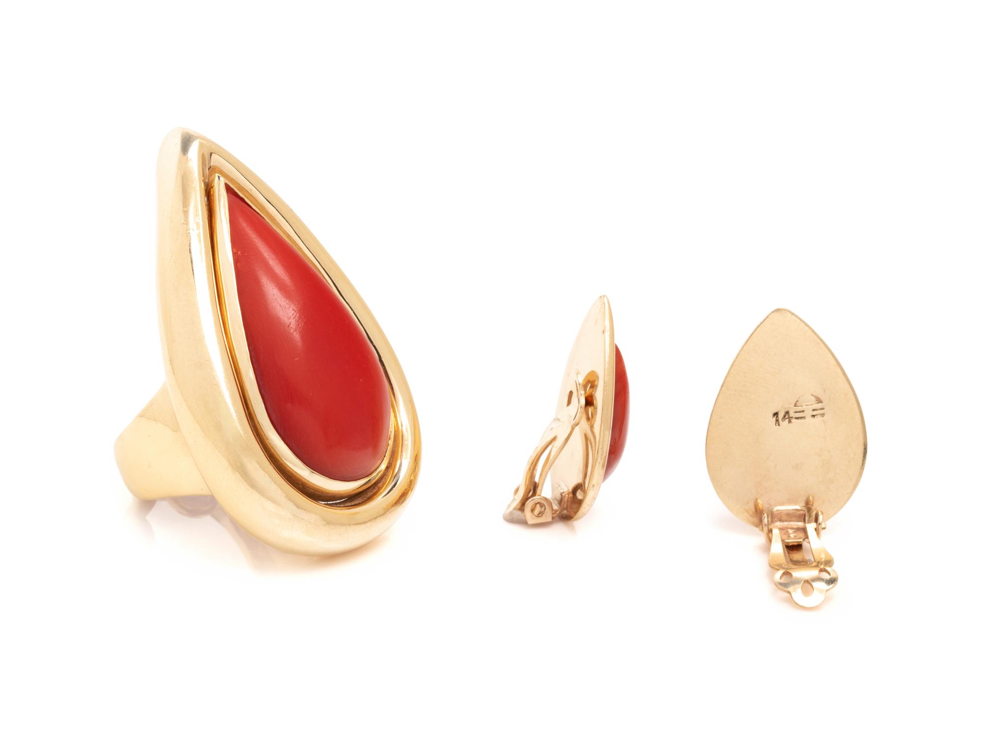 YELLOW GOLD AND CORAL EARCLIP AND RING SUITE