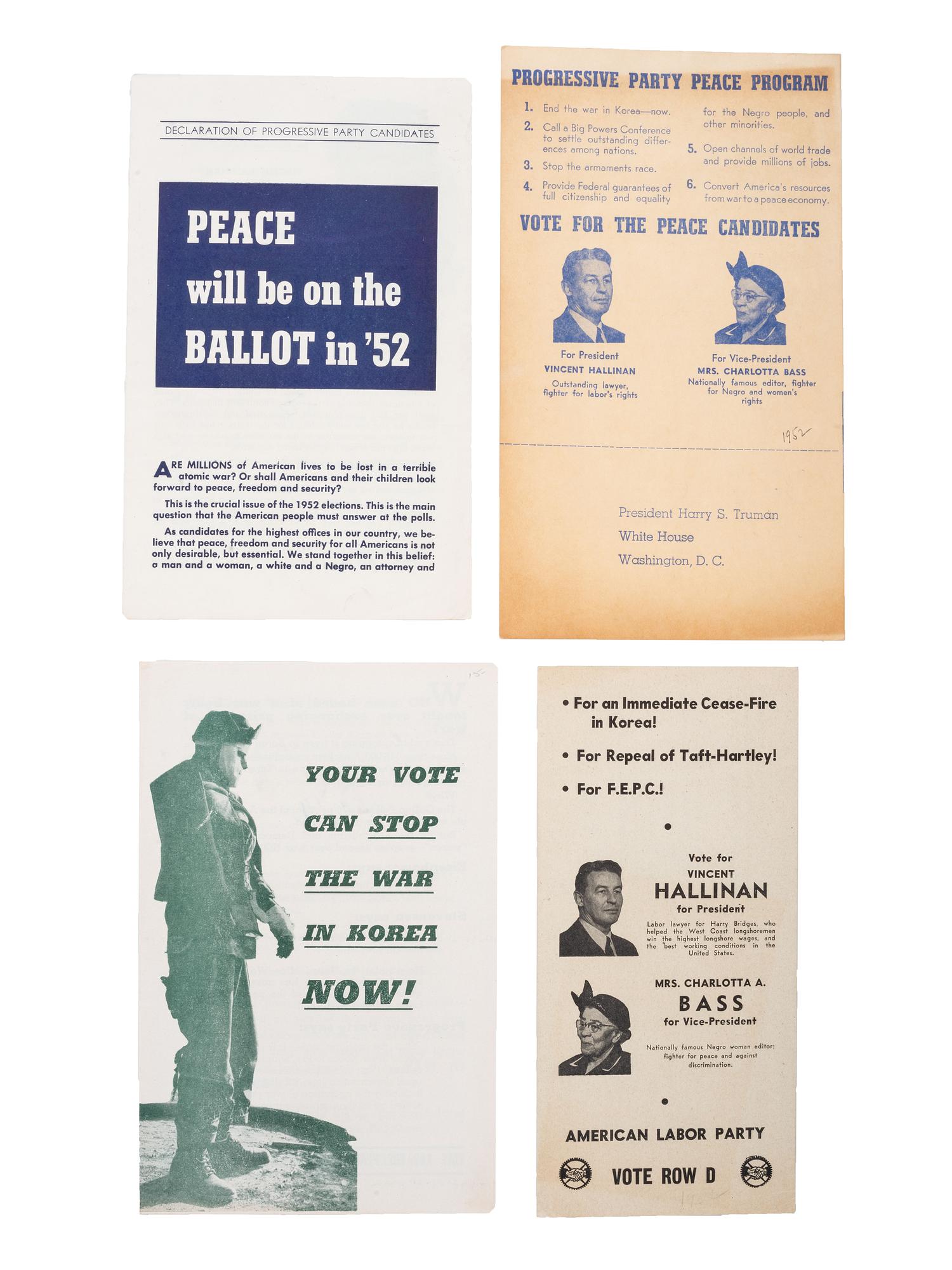 [PROGRESSIVE PARTY -- BASS, Charlotta (1874-1969)]. A group of 4 Progressive Party pamphlets from the 1952 presidential election with vice presidential nominee Bass, the first African American female candidate.
