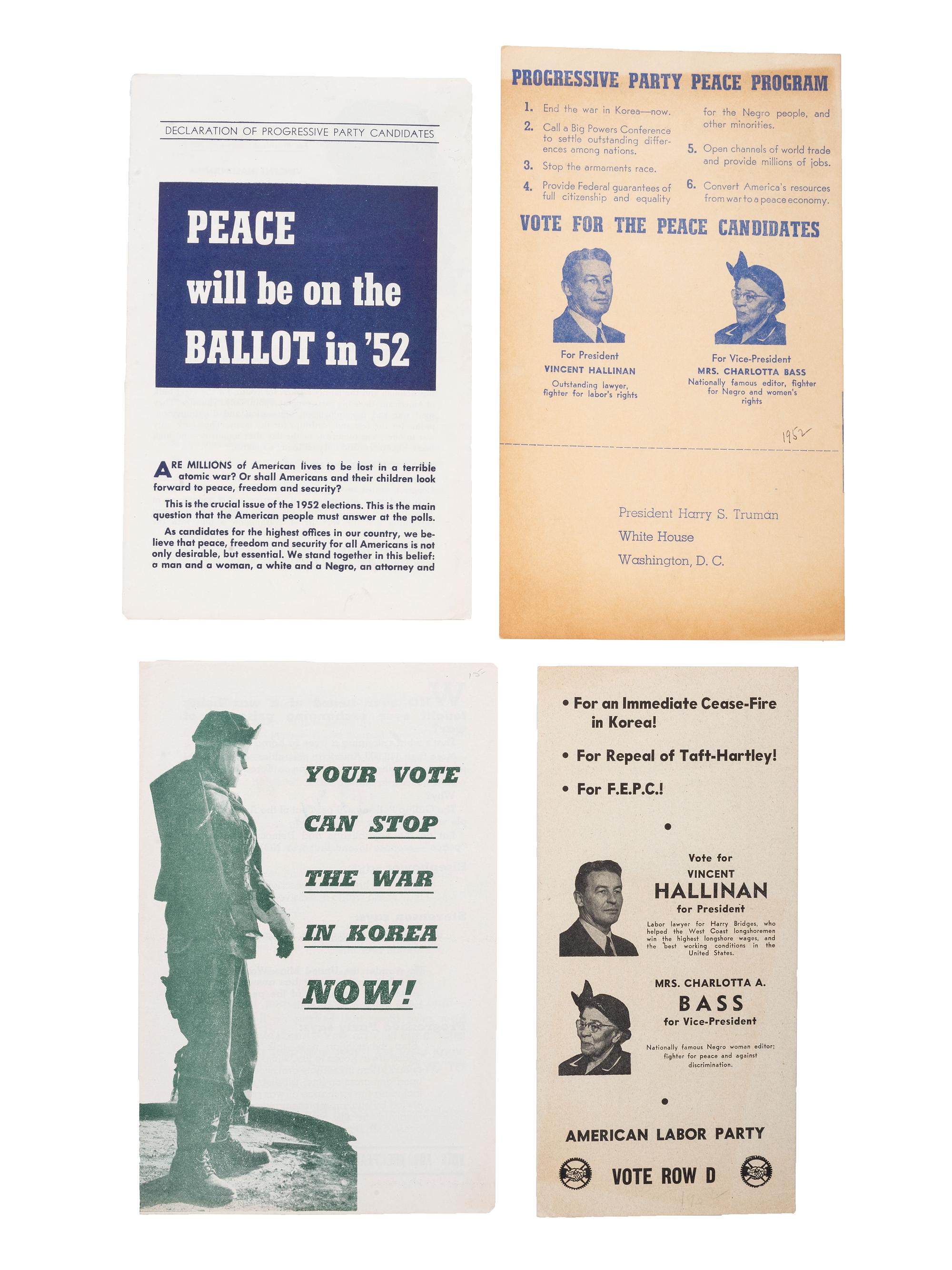 [PROGRESSIVE PARTY -- BASS, Charlotta (1874-1969)]. A group of 4 Progressive Party pamphlets from the 1952 presidential election with vice presidential nominee Bass, the first African American female candidate.