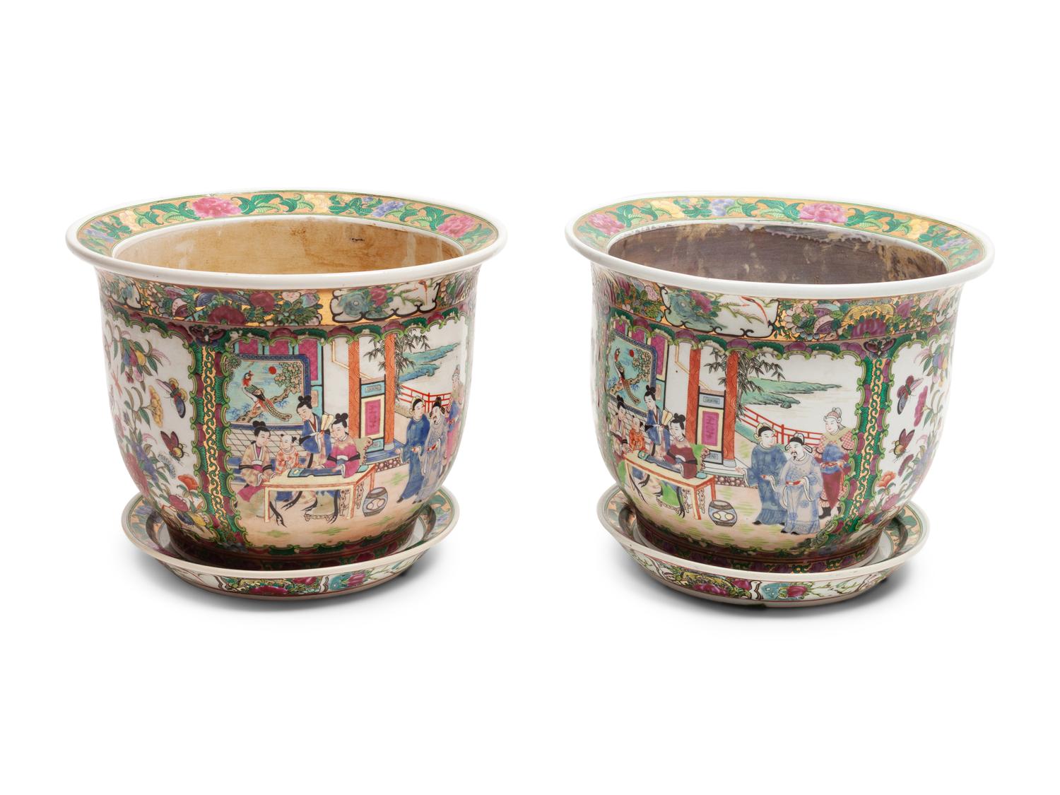 A Pair of Chinese Rose Medallion Porcelain Planters and Undertrays