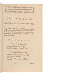 [REVOLUTIONARY WAR -- CONTINENTAL CONGRESS]. Journal of the Proceedings of the Congress, Held at Philadelphia, September 5, 1774 . Philadelphia: William and Thomas Bradford, at the London Coffee House, 1774.