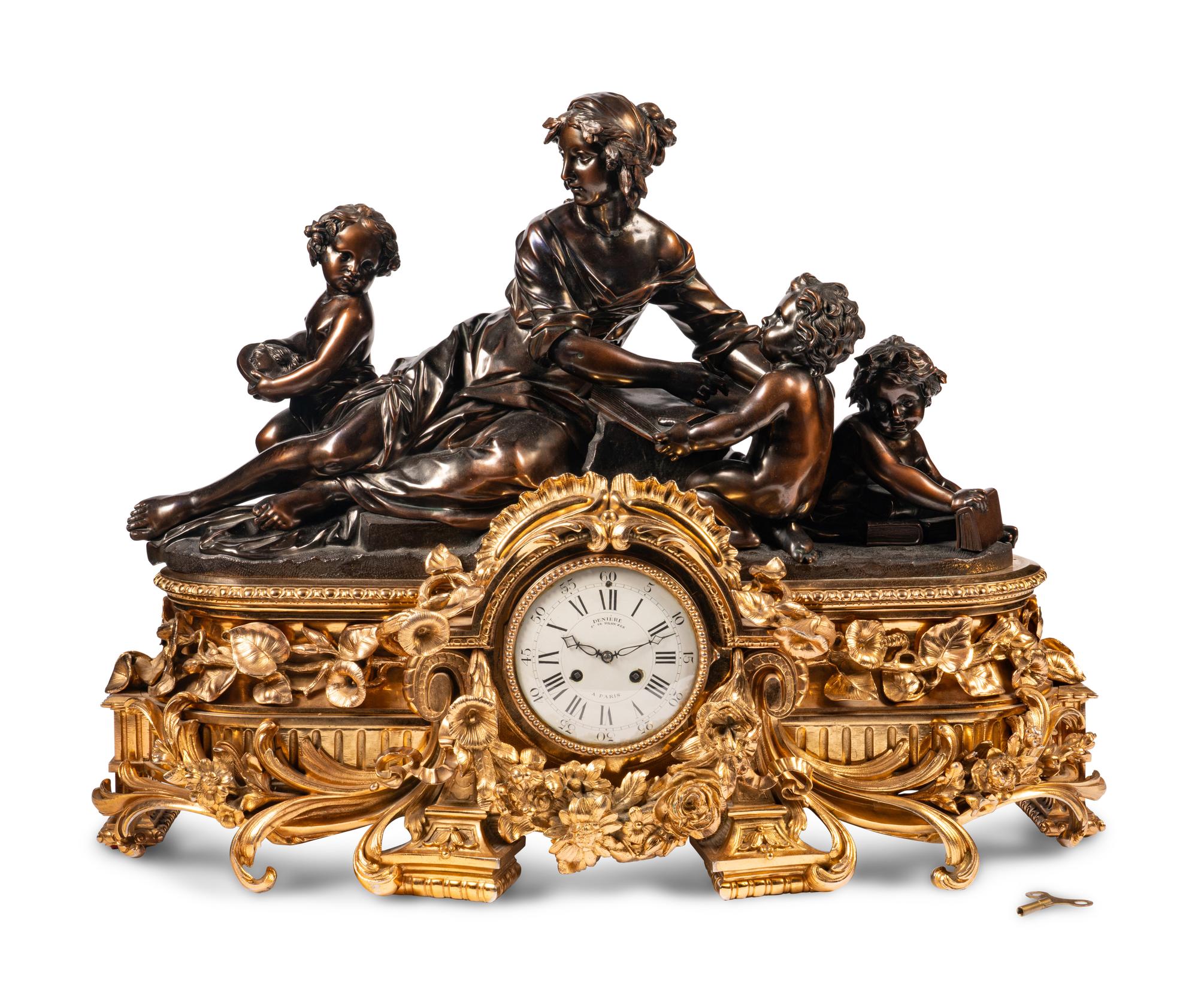 A French Gilt and Patinated Bronze Figural Mantel Clock