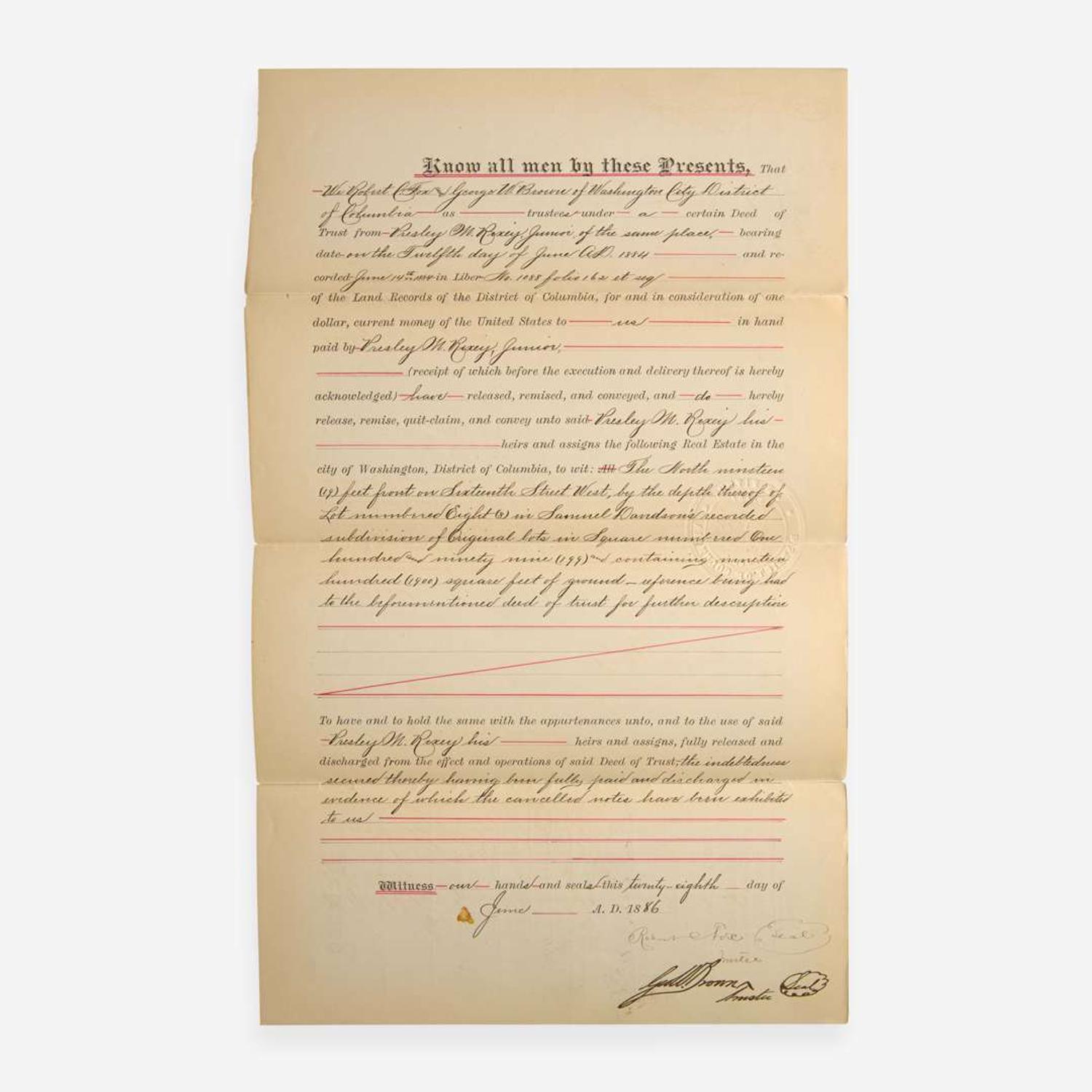 [African Americana] Douglass, Frederick Partially-Printed Document, signed