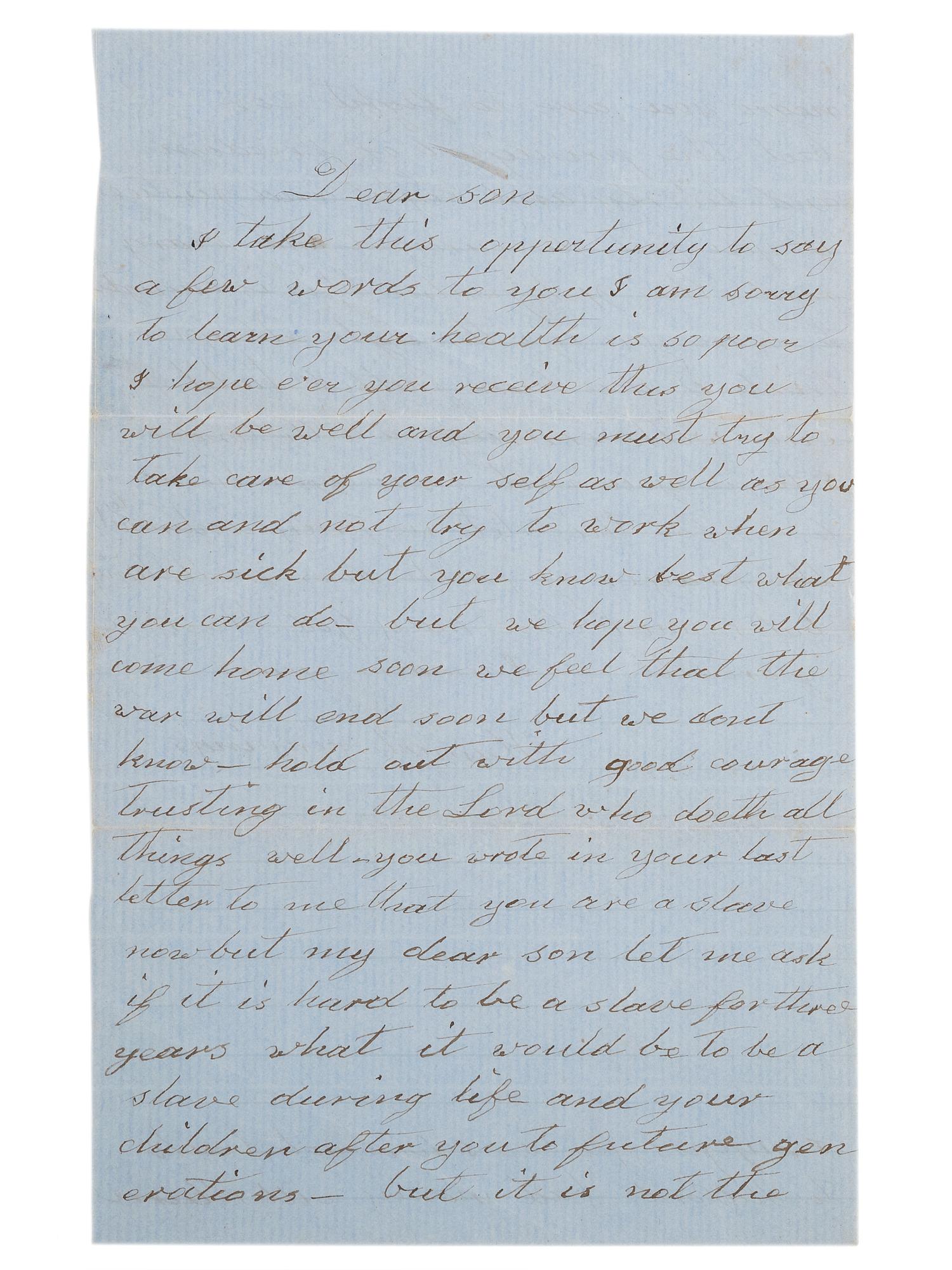 [CIVIL WAR] -- [SLAVERY & ABOLITION]. War-date letter from an African American mother to her son referencing slavery and the fight for freedom.