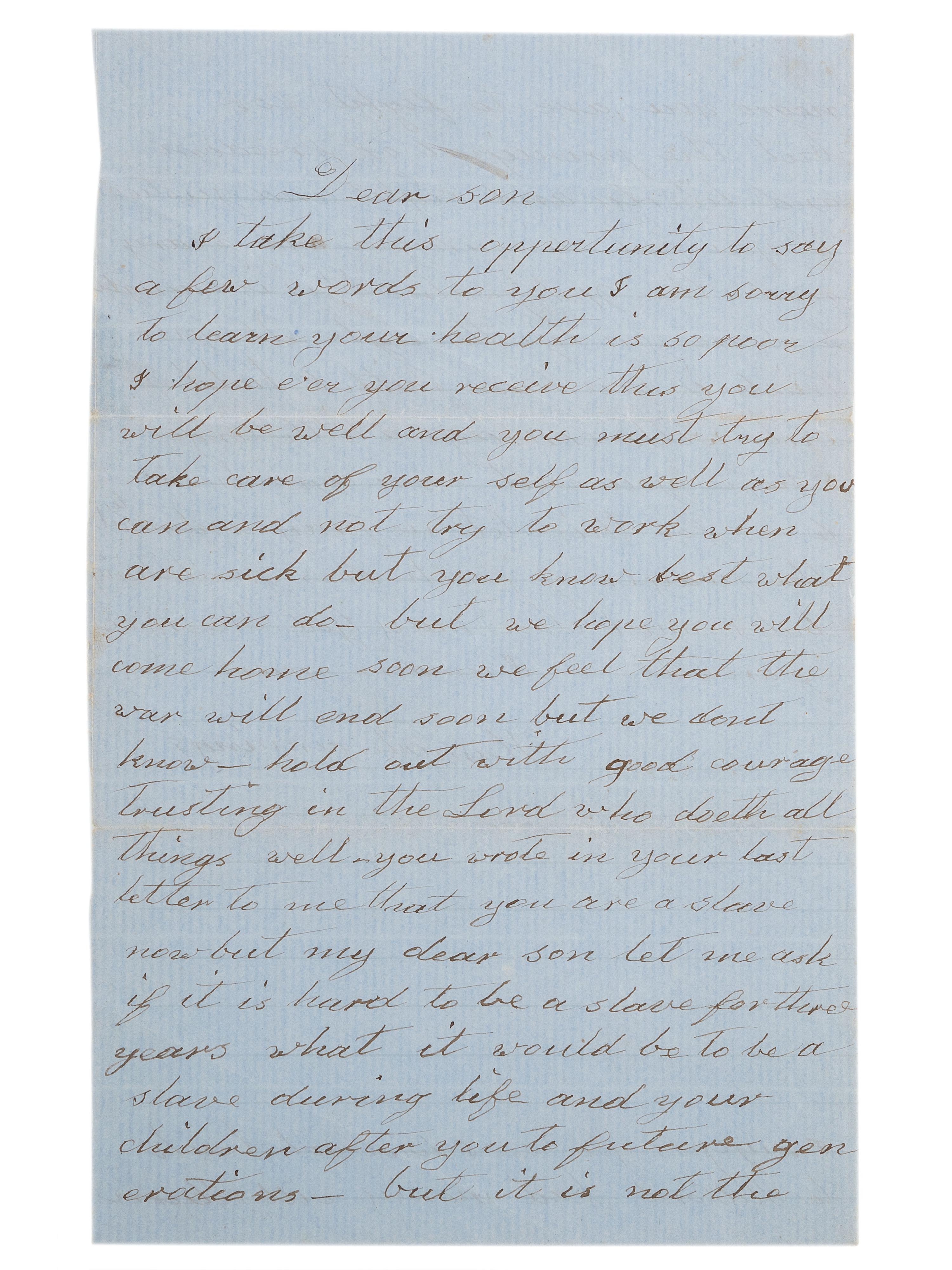 [CIVIL WAR] -- [SLAVERY & ABOLITION]. War-date letter from an African American mother to her son referencing slavery and the fight for freedom.