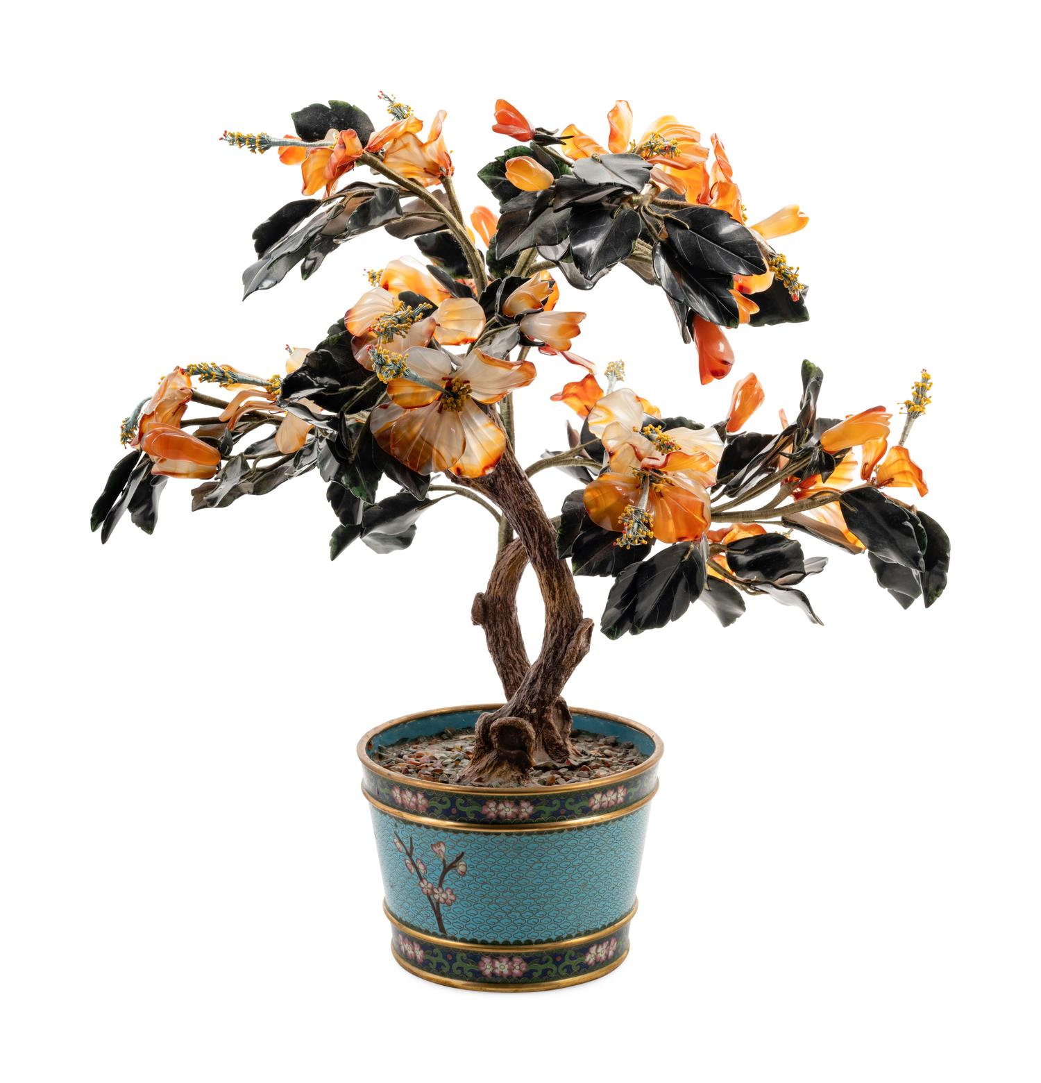 A Chinese Hardstone Tree in a Cloisonné Enamel Jardinière