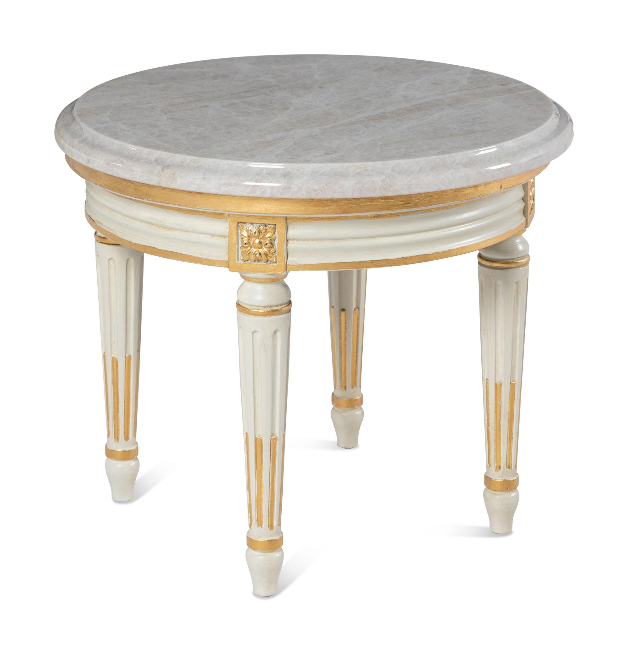 A Louis XVI Style Painted and Parcel Gilt Quartz-Top Low Table
