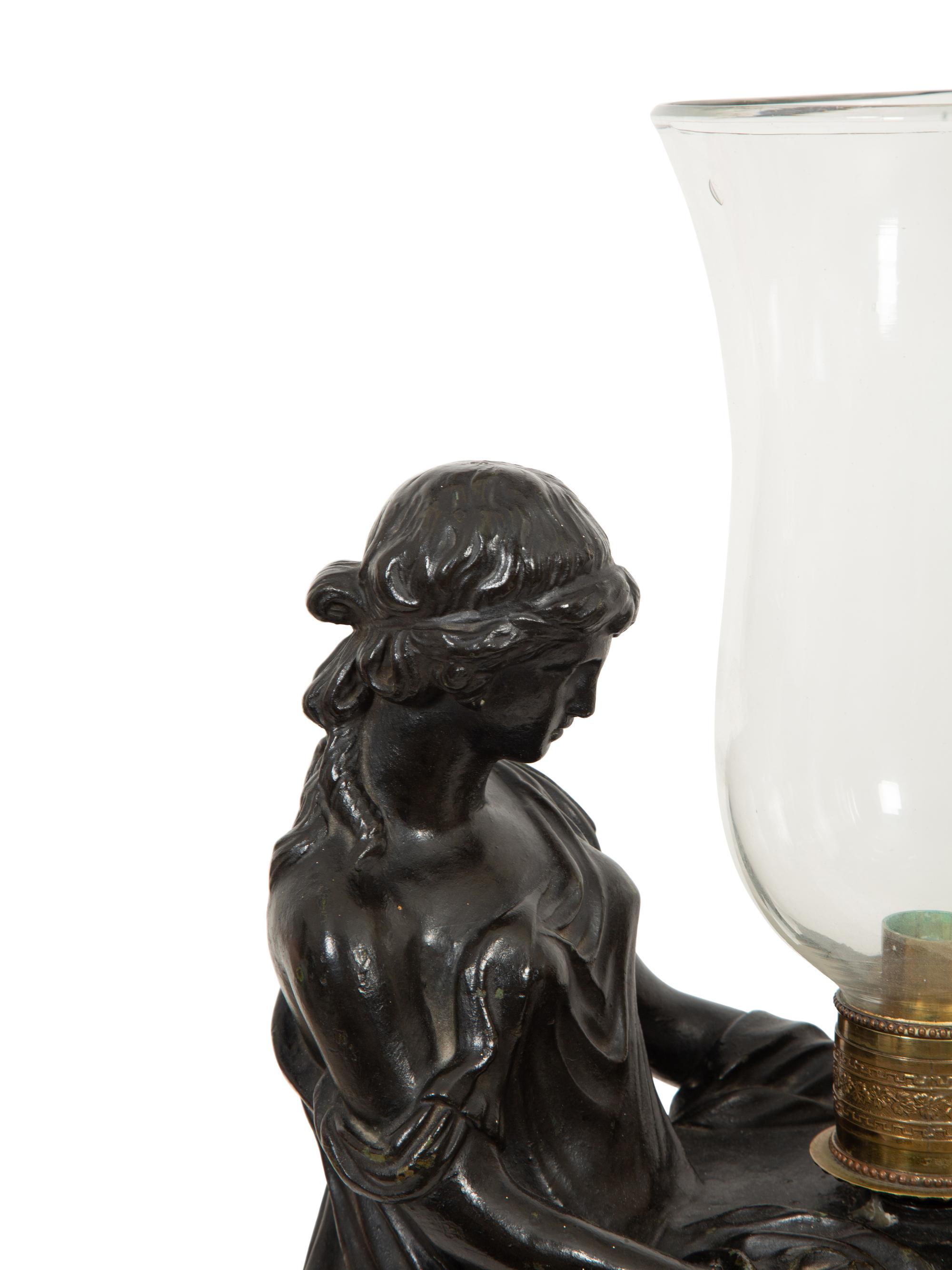 A Pair of Figural Hurricane Candlesticks on Verde Antico Marble Bases