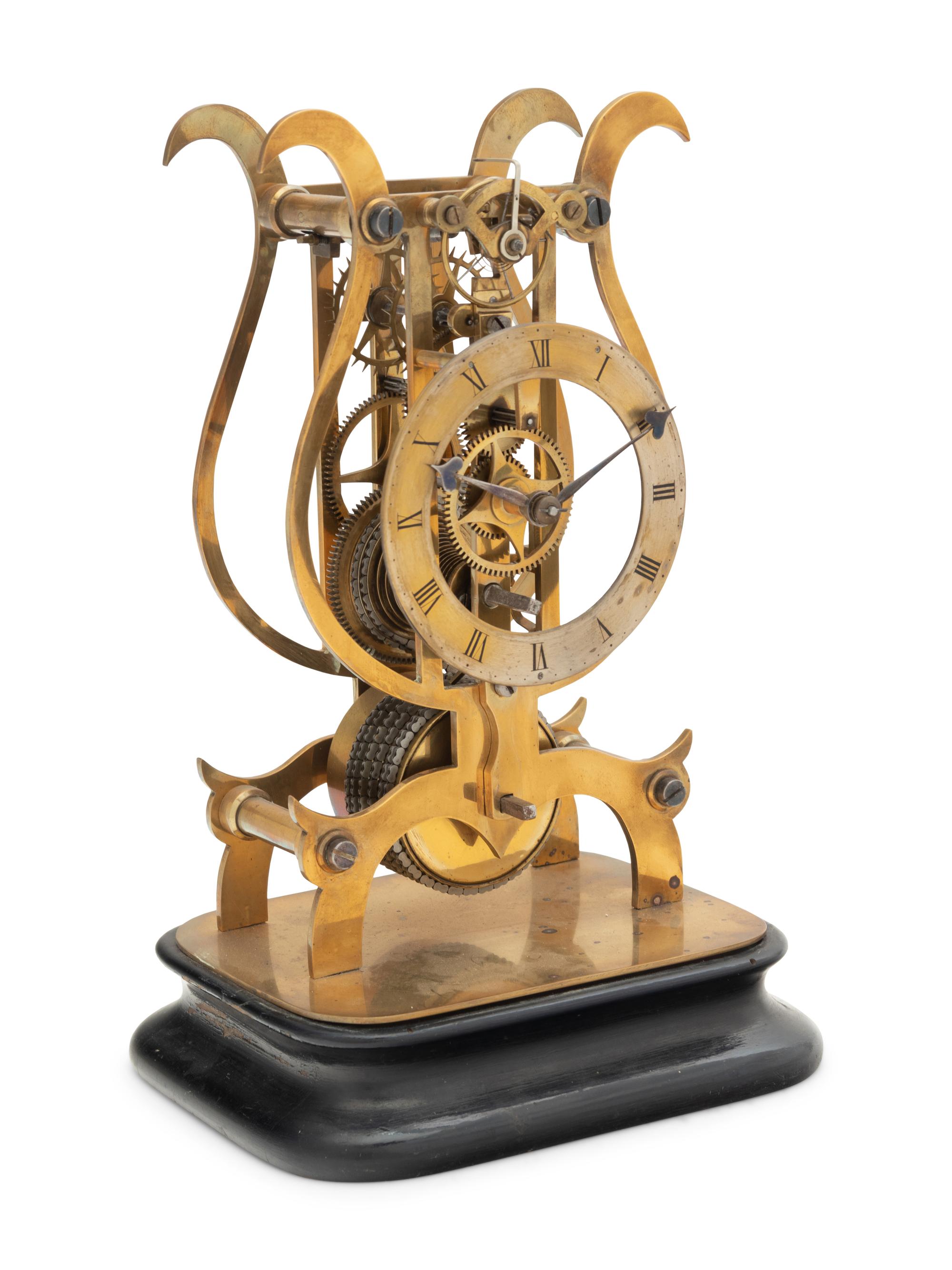 A Brass Lyre-Form Skeleton Clock