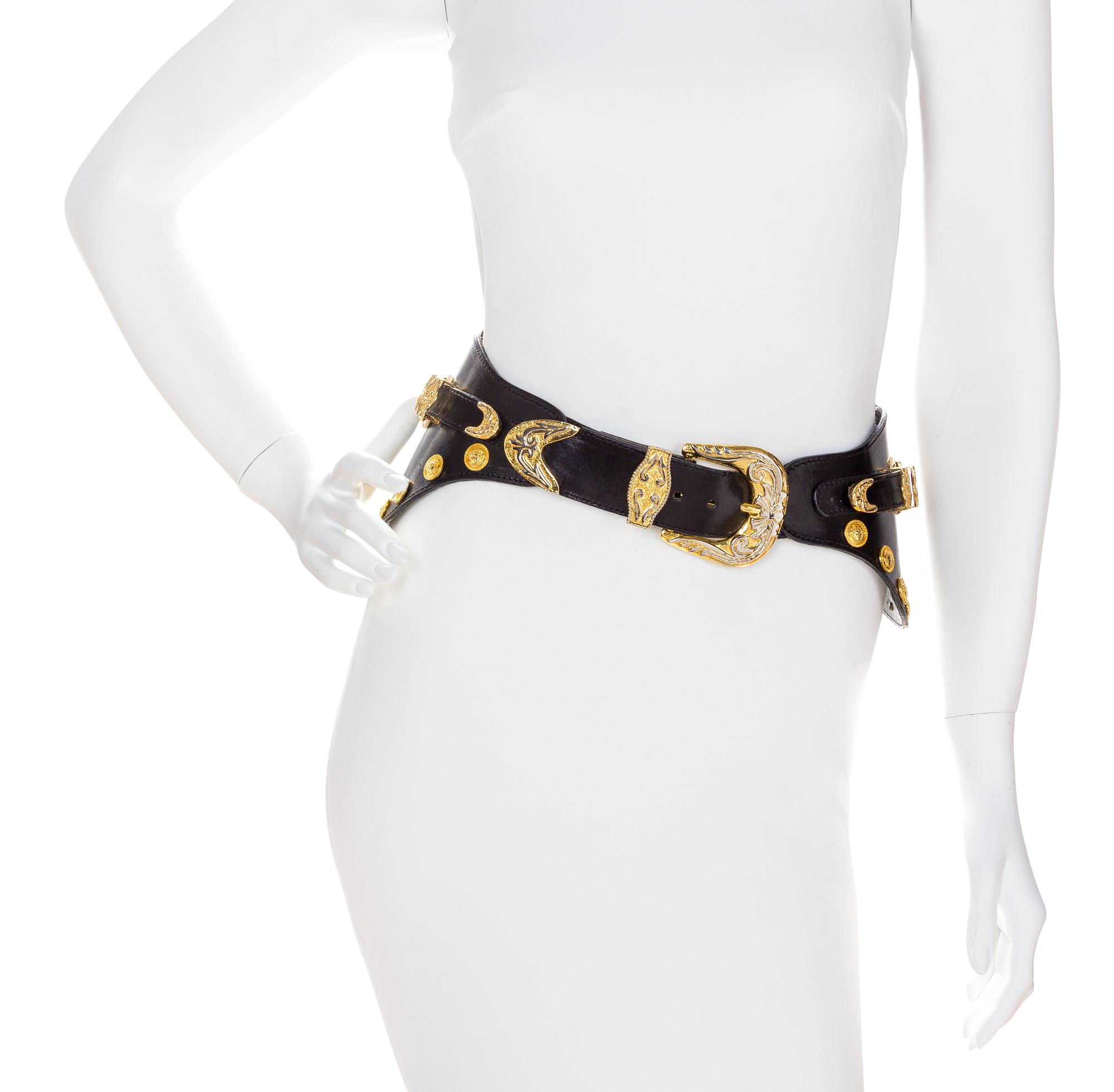 A Gianni Versace Black Leather Medallion Wide Belt, Size 75.