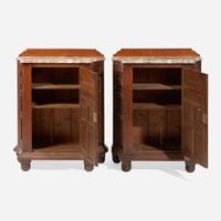 A pair of English Aesthetic Movement oak cabinets with Languedoc marble tops Attributed to Philip Webb (English, 1831-1915), England, circa 1870