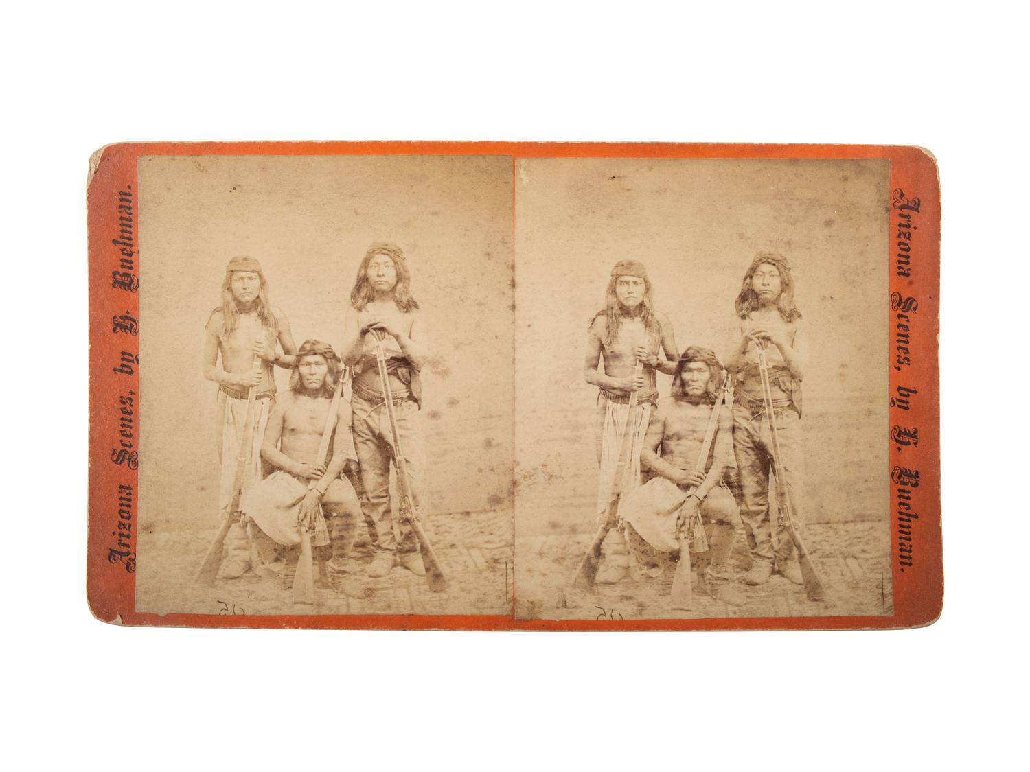 [NATIVE AMERICANS]. BUEHMAN & HARTWELL, photographers. A group of 2 stereoviews of Apache Indians. Tucson, AZ: 1880s.