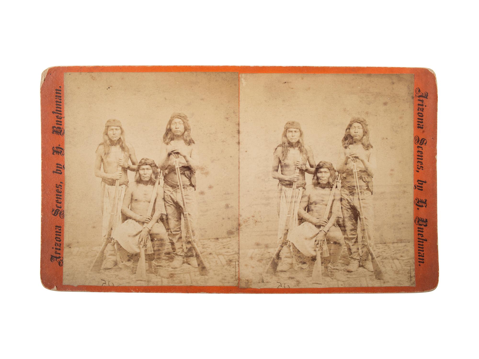 [NATIVE AMERICANS]. BUEHMAN & HARTWELL, photographers. A group of 2 stereoviews of Apache Indians. Tucson, AZ: 1880s.