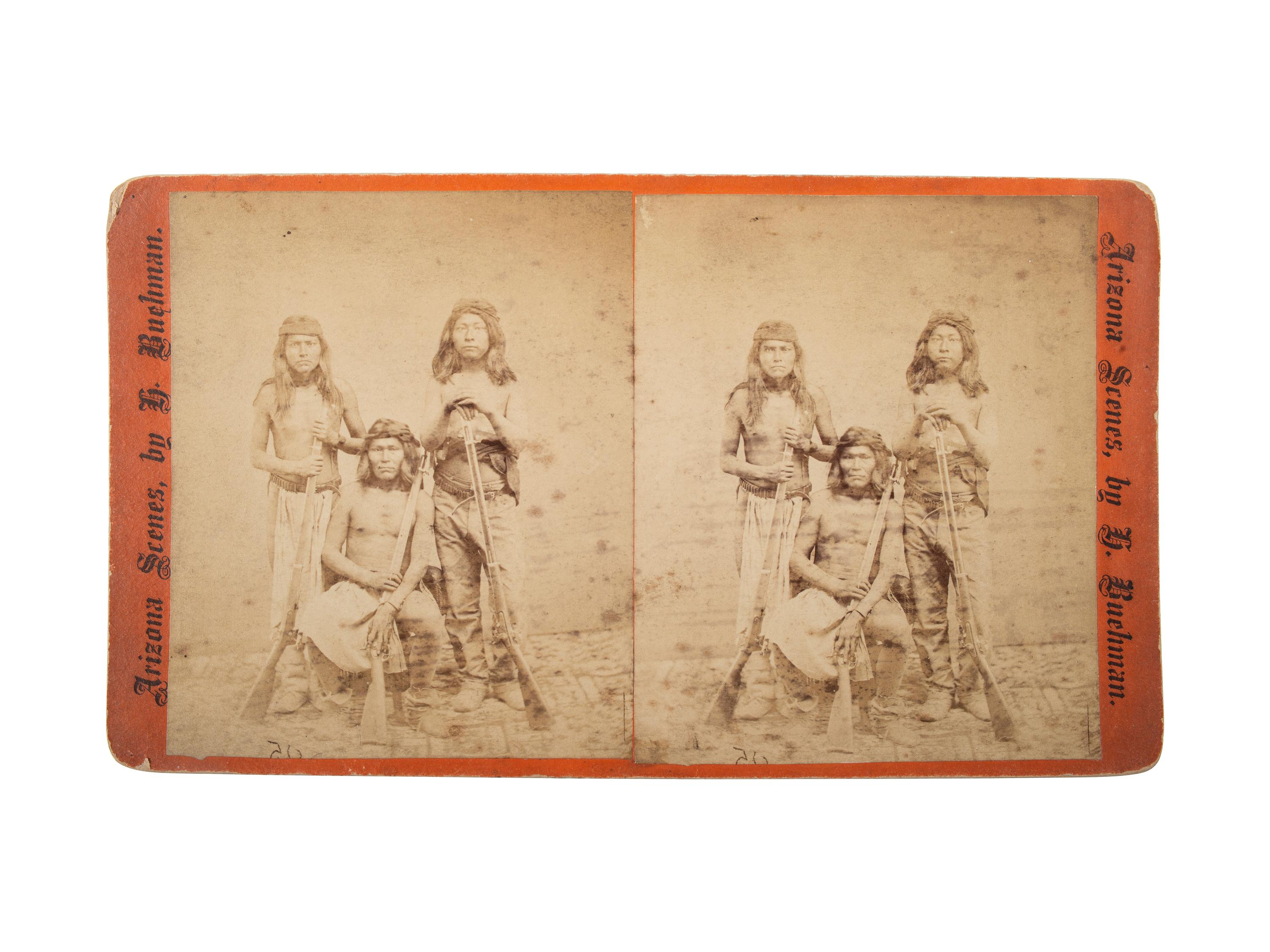 [NATIVE AMERICANS]. BUEHMAN & HARTWELL, photographers. A group of 2 stereoviews of Apache Indians. Tucson, AZ: 1880s.