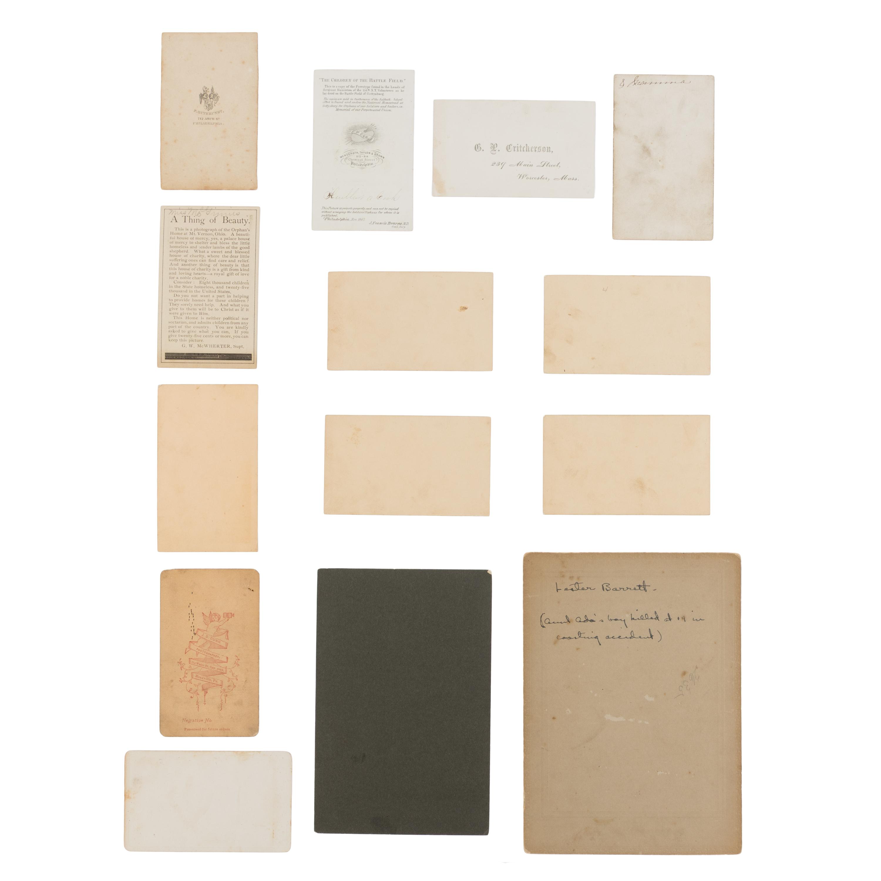 [Early Photography] Group of 14 photos of children, including postmortem views and orphans, highlighted by "Children of the Battle Field"
