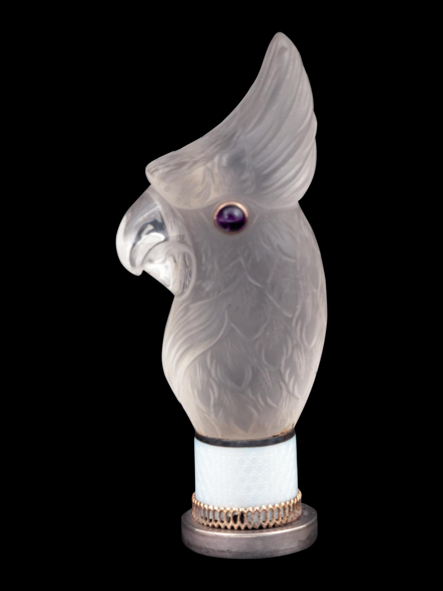A Continental Carved Rock Crystal and Guilloche Enamel-Mounted Cockatiel-Form Hand Seal