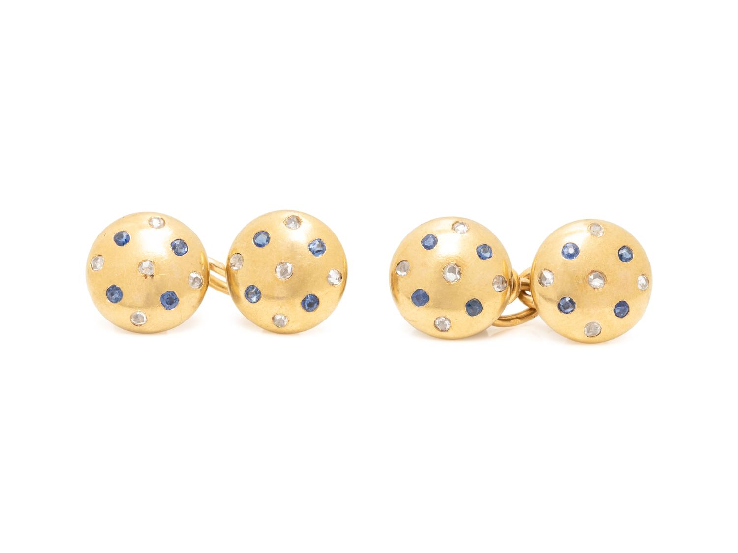 FRENCH, YELLOW GOLD, SAPPHIRE AND DIAMOND CUFFLINKS