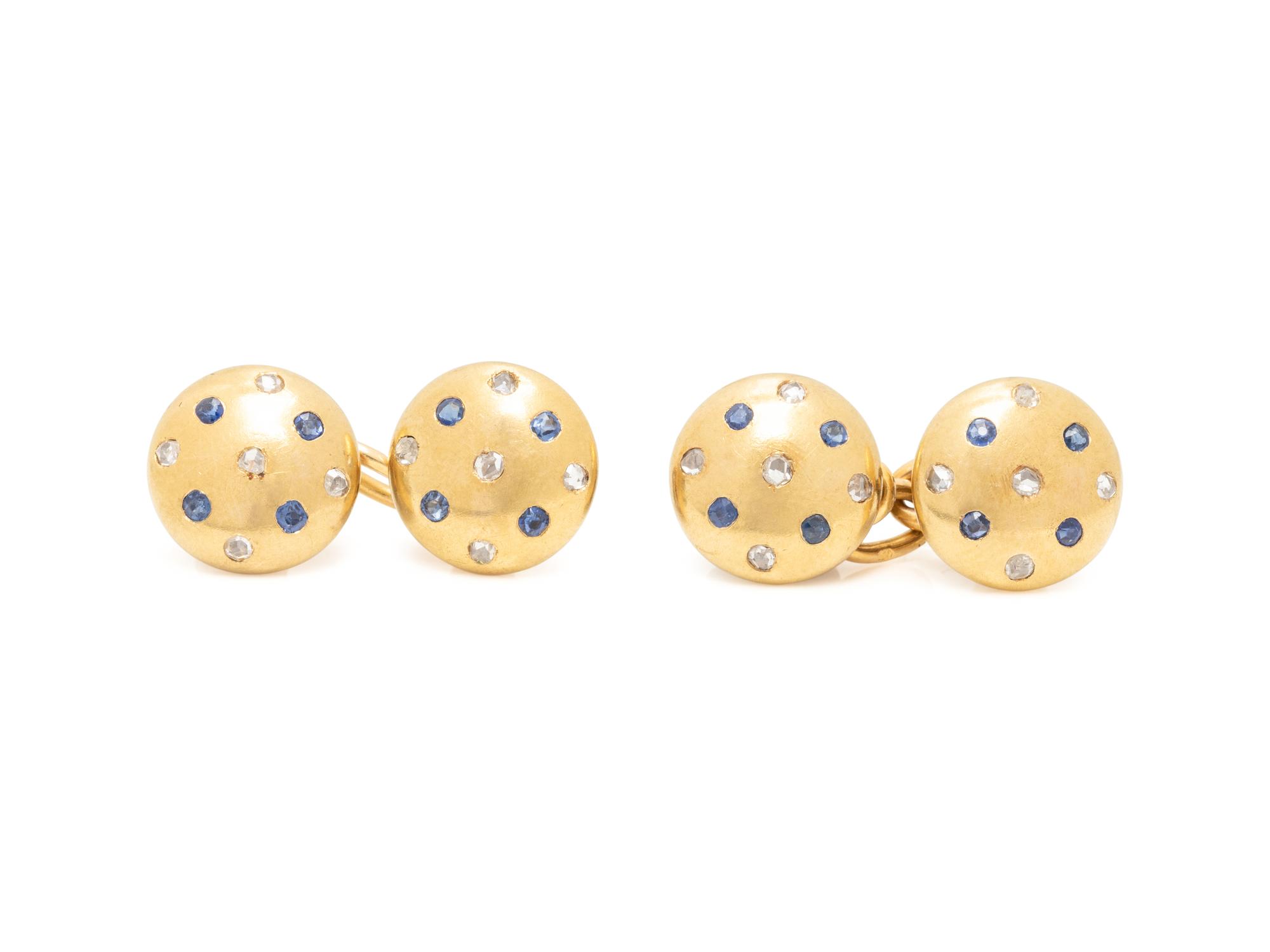 FRENCH, YELLOW GOLD, SAPPHIRE AND DIAMOND CUFFLINKS