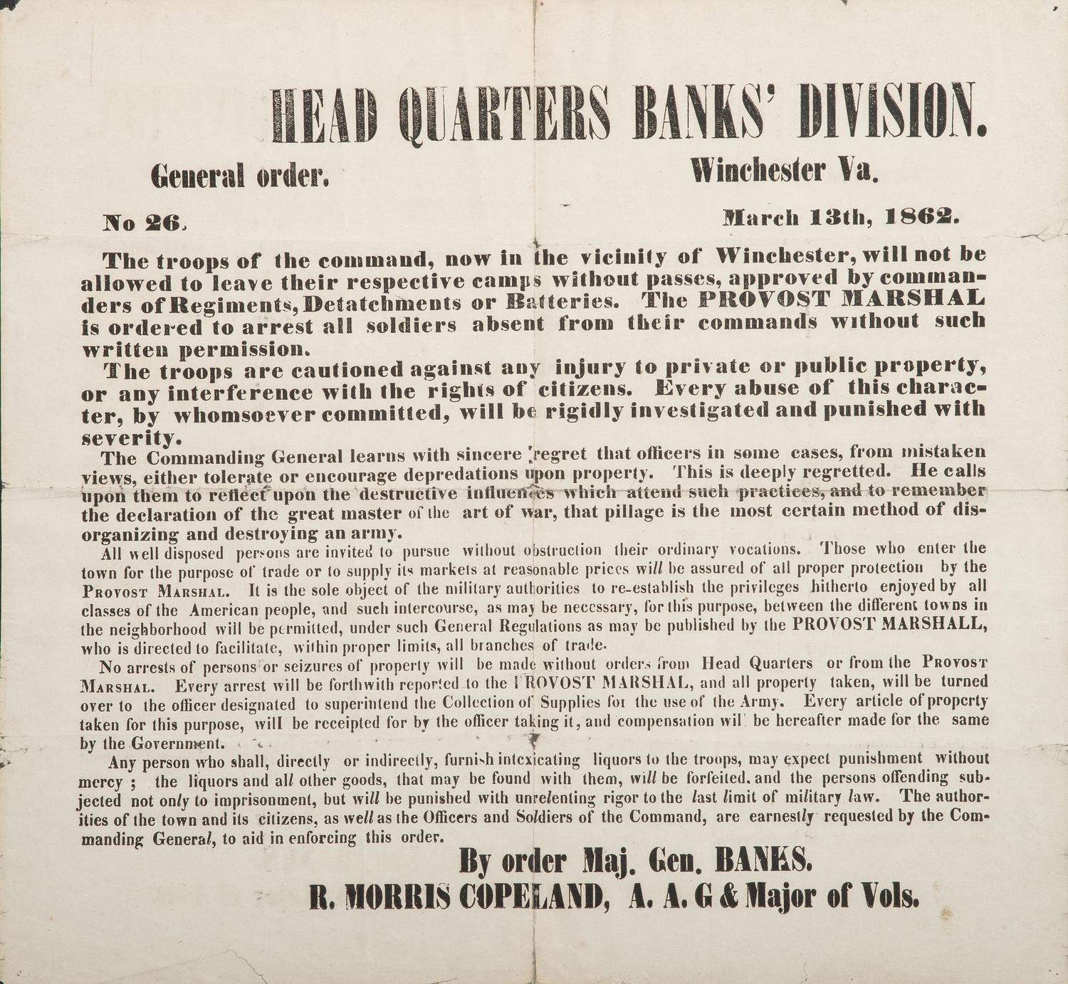 [CIVIL WAR]. Head Quarters Banks Division. General Order No. 26. Winchester, VA: N.p., 13 March 1862.