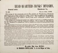 [CIVIL WAR]. Head Quarters Banks Division. General Order No. 26. Winchester, VA: N.p., 13 March 1862.