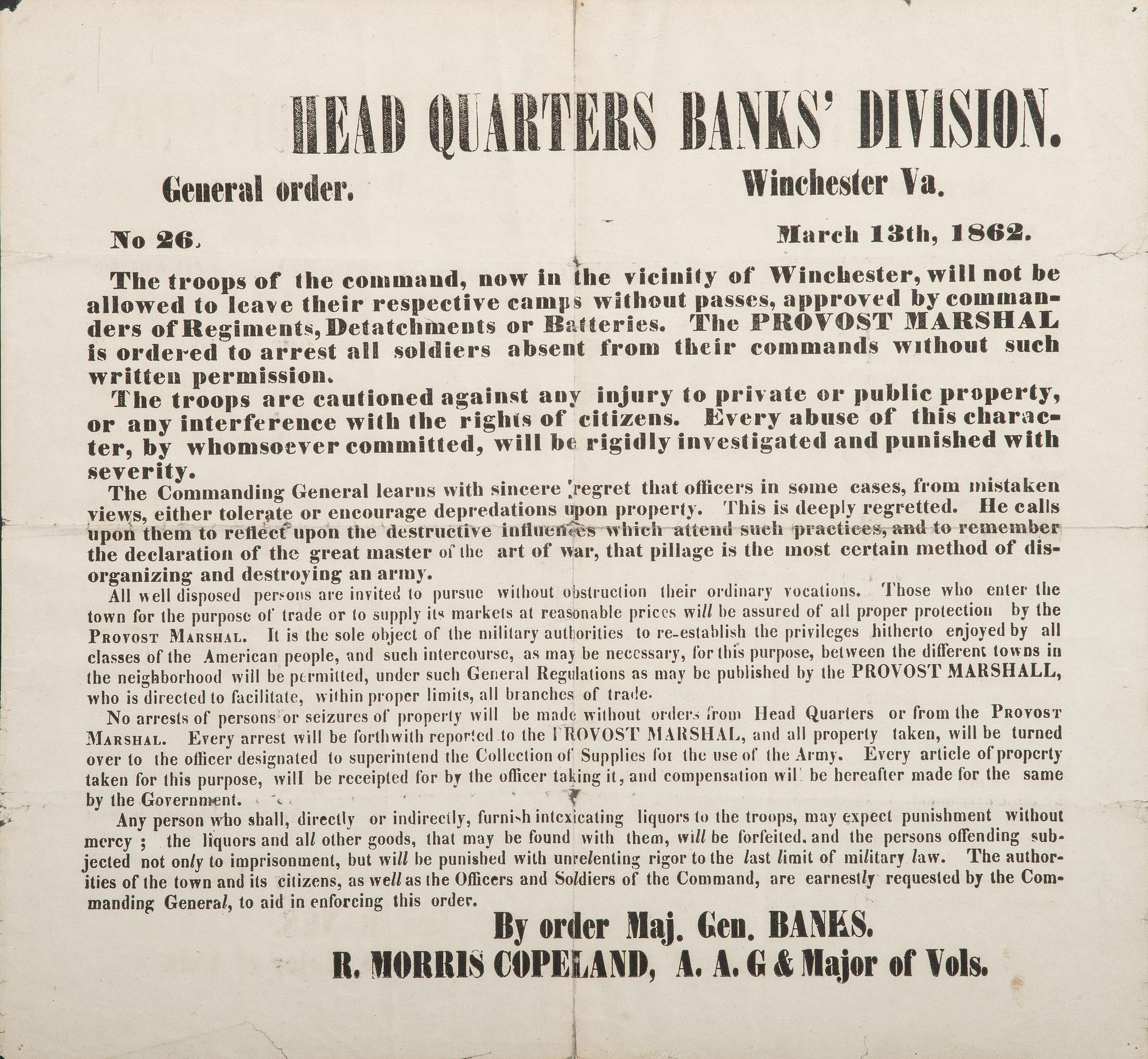 [CIVIL WAR]. Head Quarters Banks Division. General Order No. 26. Winchester, VA: N.p., 13 March 1862.