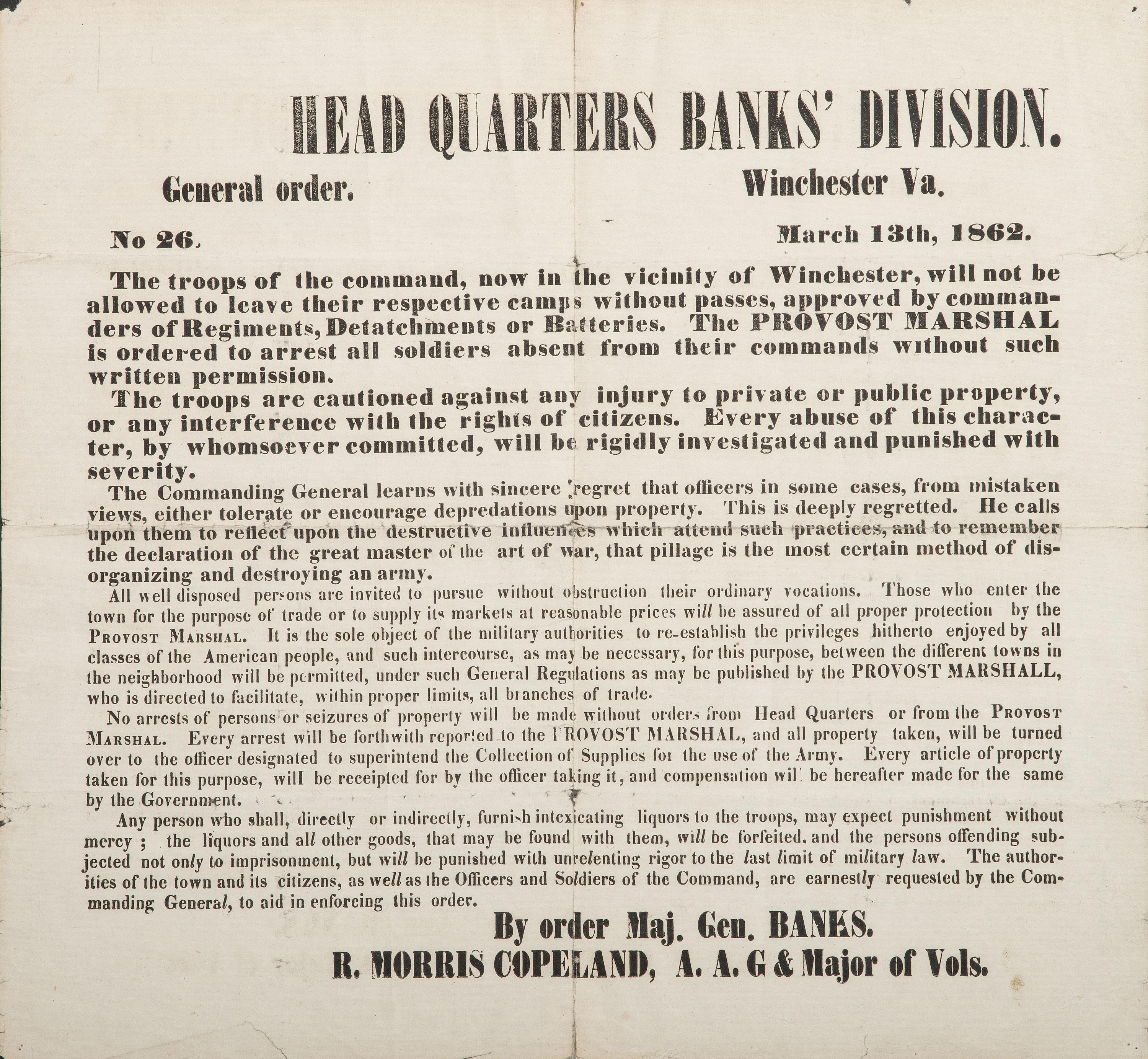 [CIVIL WAR]. Head Quarters Banks Division. General Order No. 26. Winchester, VA: N.p., 13 March 1862.