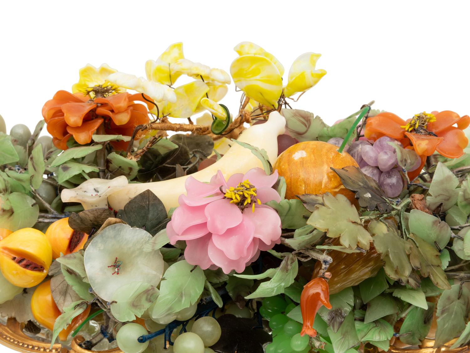 A French Gilt Bronze and Cut Glass Centerpiece Bowl with a Collection of Hardstone Fruit