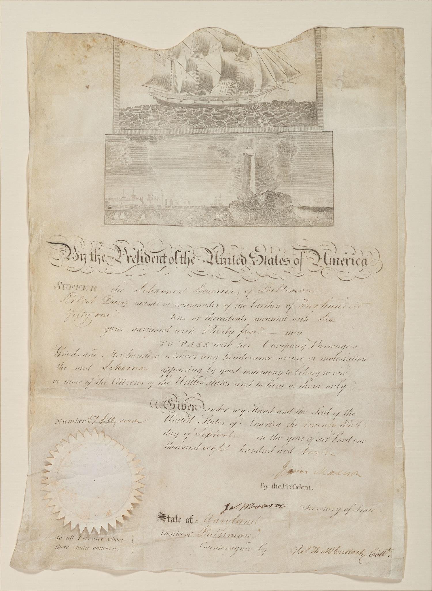 MADISON, James (1751-1831). Partly printed document signed ("James Madison"), as President, countersigned by James MONROE (1758-1831), as Secretary of State.