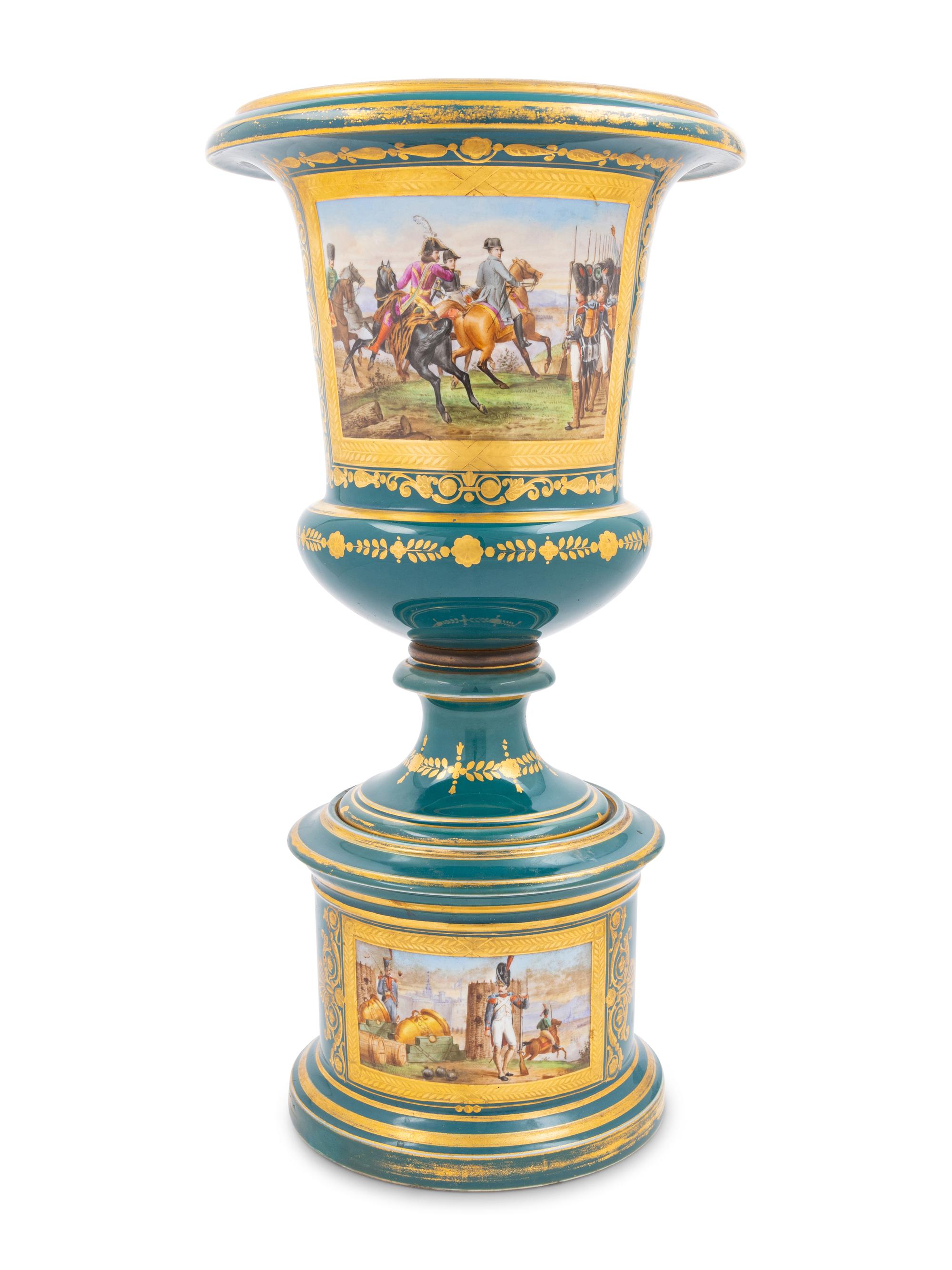 A Sèvres Style Porcelain Napoleonic Vase and Stand
