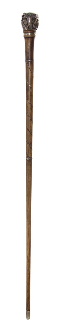 A Russian Silver Snuffbox Handled Walking Stick, Height of handle 1 3/4 x length overall 35 inches.