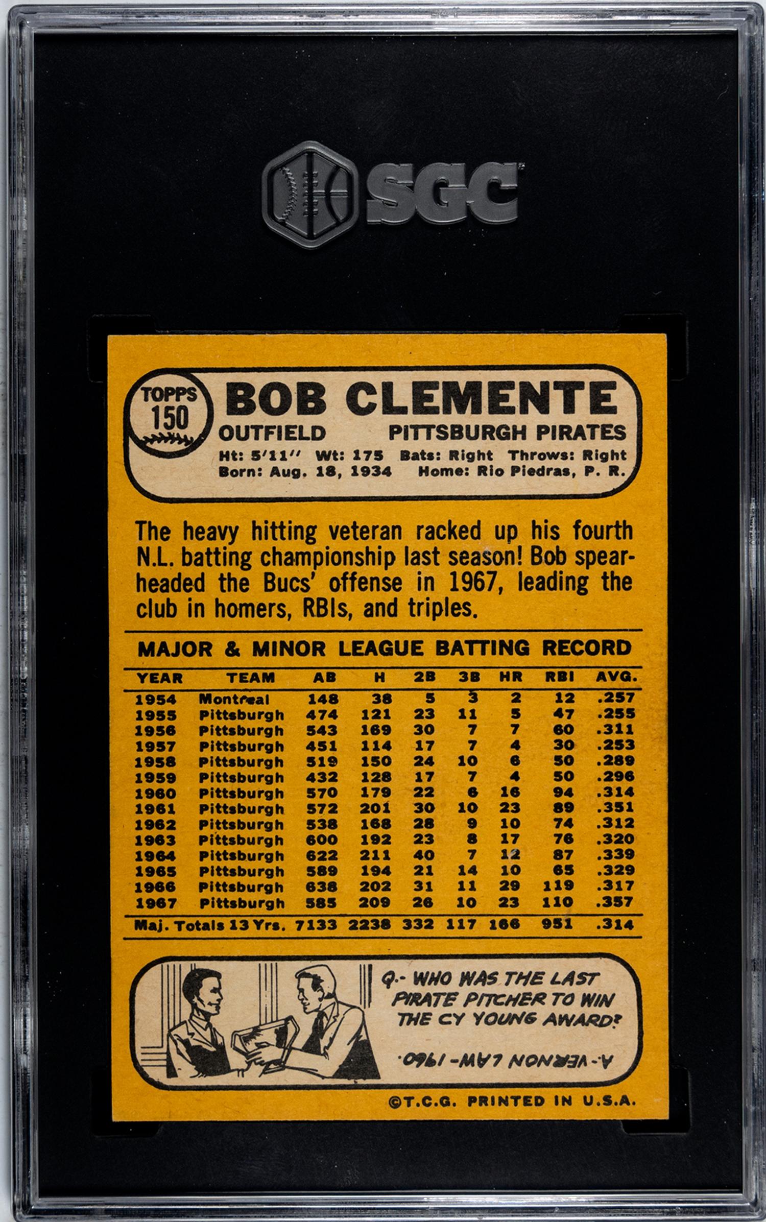 A 1968 Topps Roberto Clemente Baseball Card No. 150 (SGC 7 NRMT)