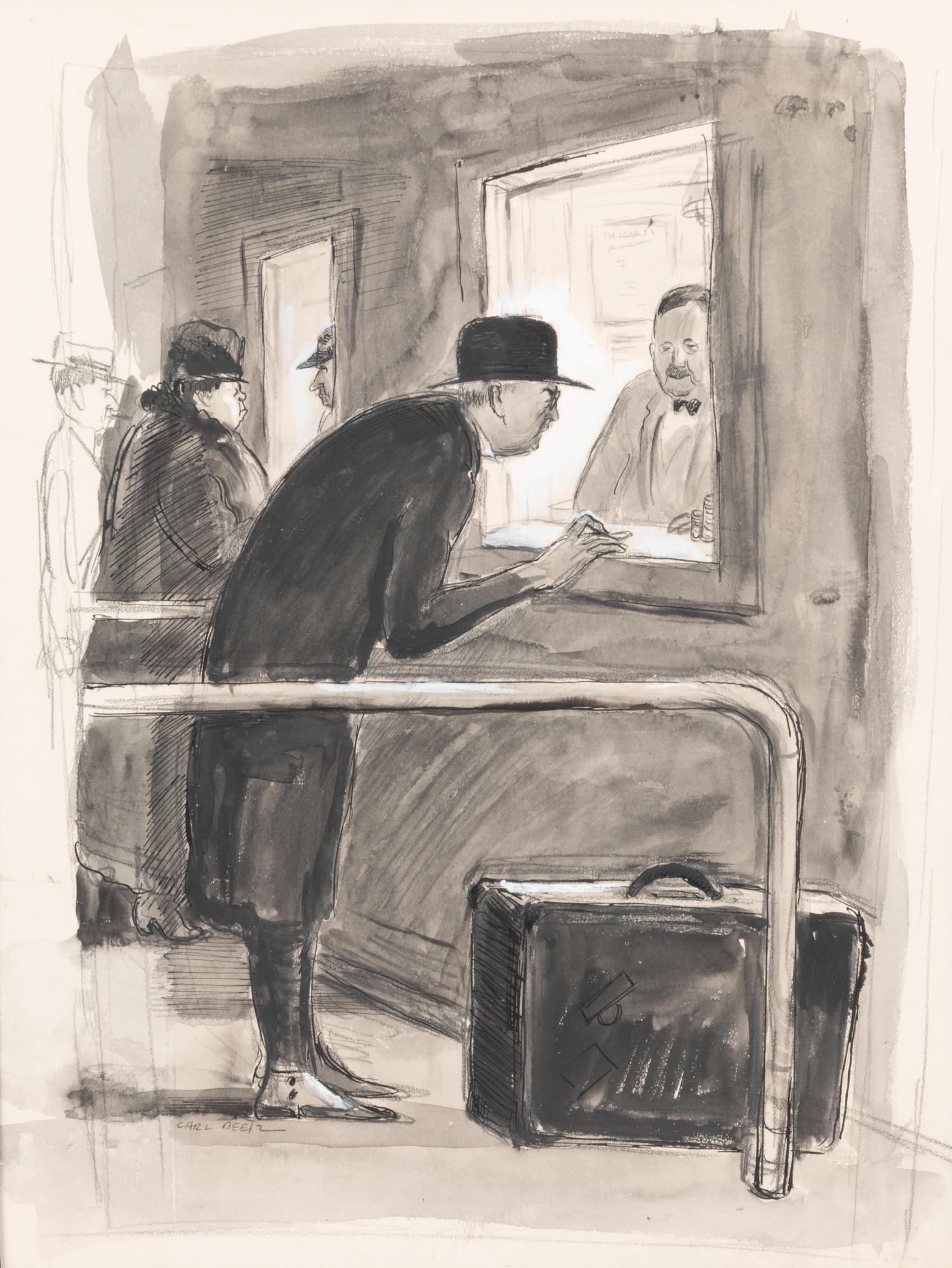 A Charcoal Drawing and a Watercolor, At the Fight, 1938 and Placing Bets, 1935