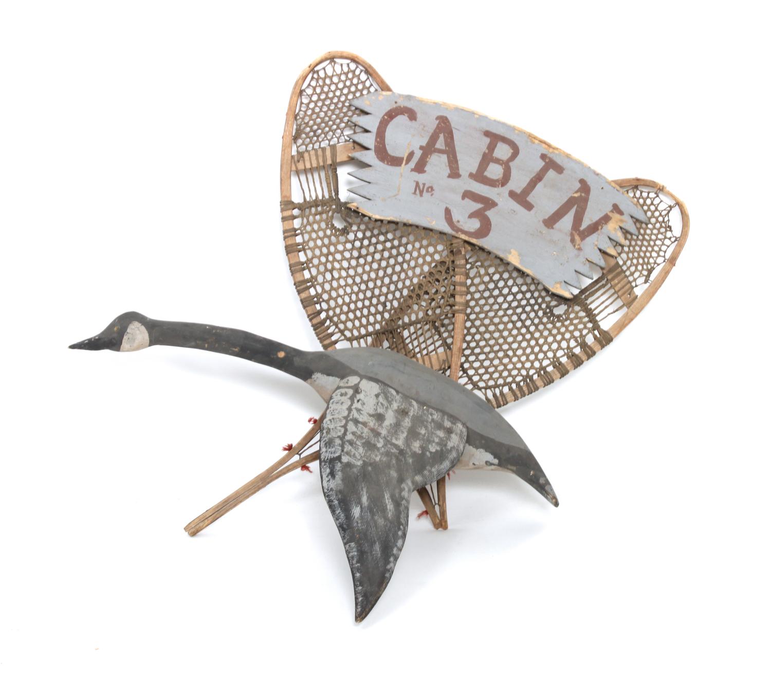 A Vintage Carved Wood and Snowshoe Cabin Sign, Height of first 35 x width 31 inches
