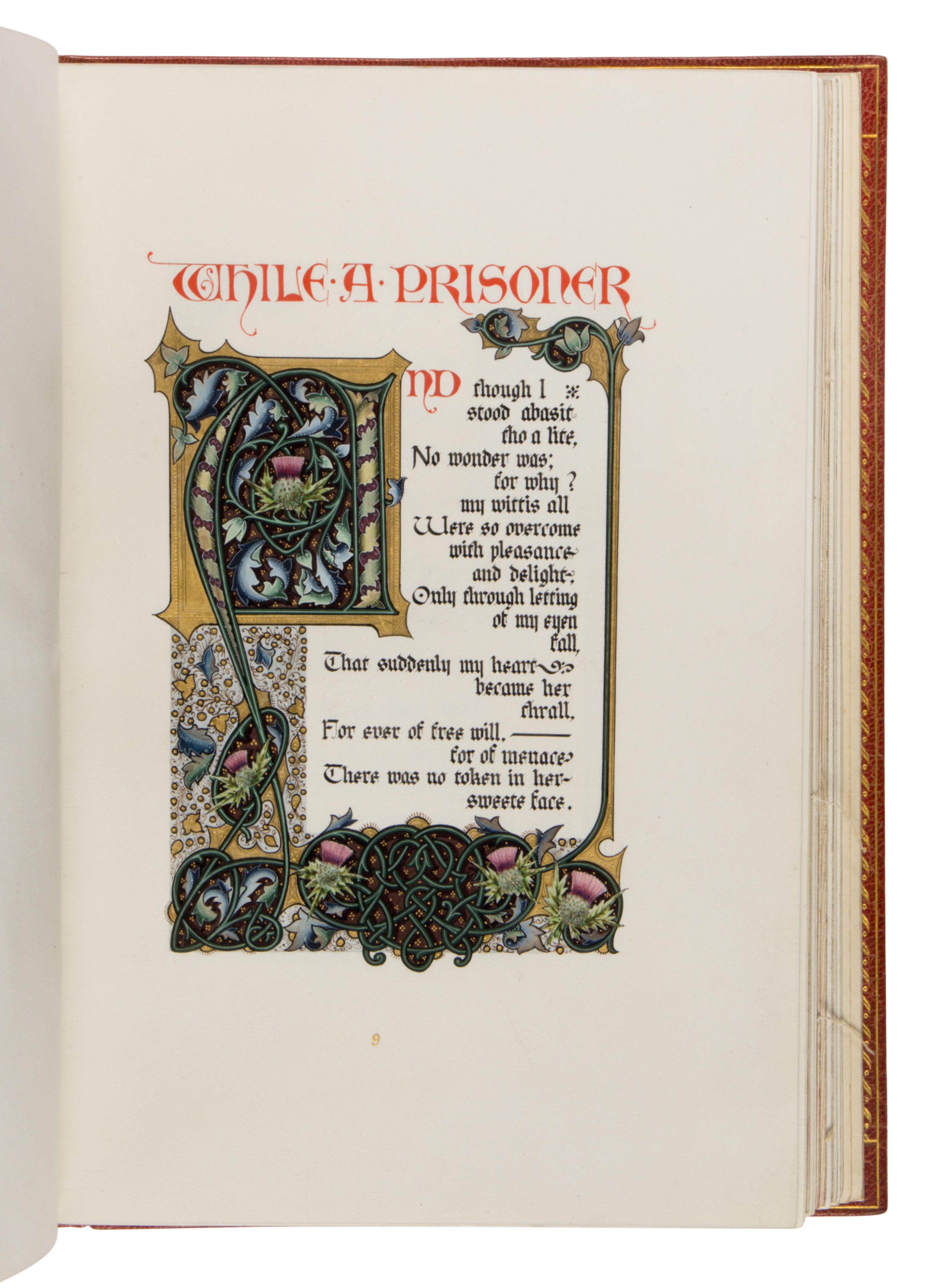 ALBERTO SANGORSKI While a Prisoner and Other Early English Poems , by James I, Geoffrey Chaucer, and Sir Walter Raleigh, in English, illuminated manuscript on paper [England, London, c. 1930]
