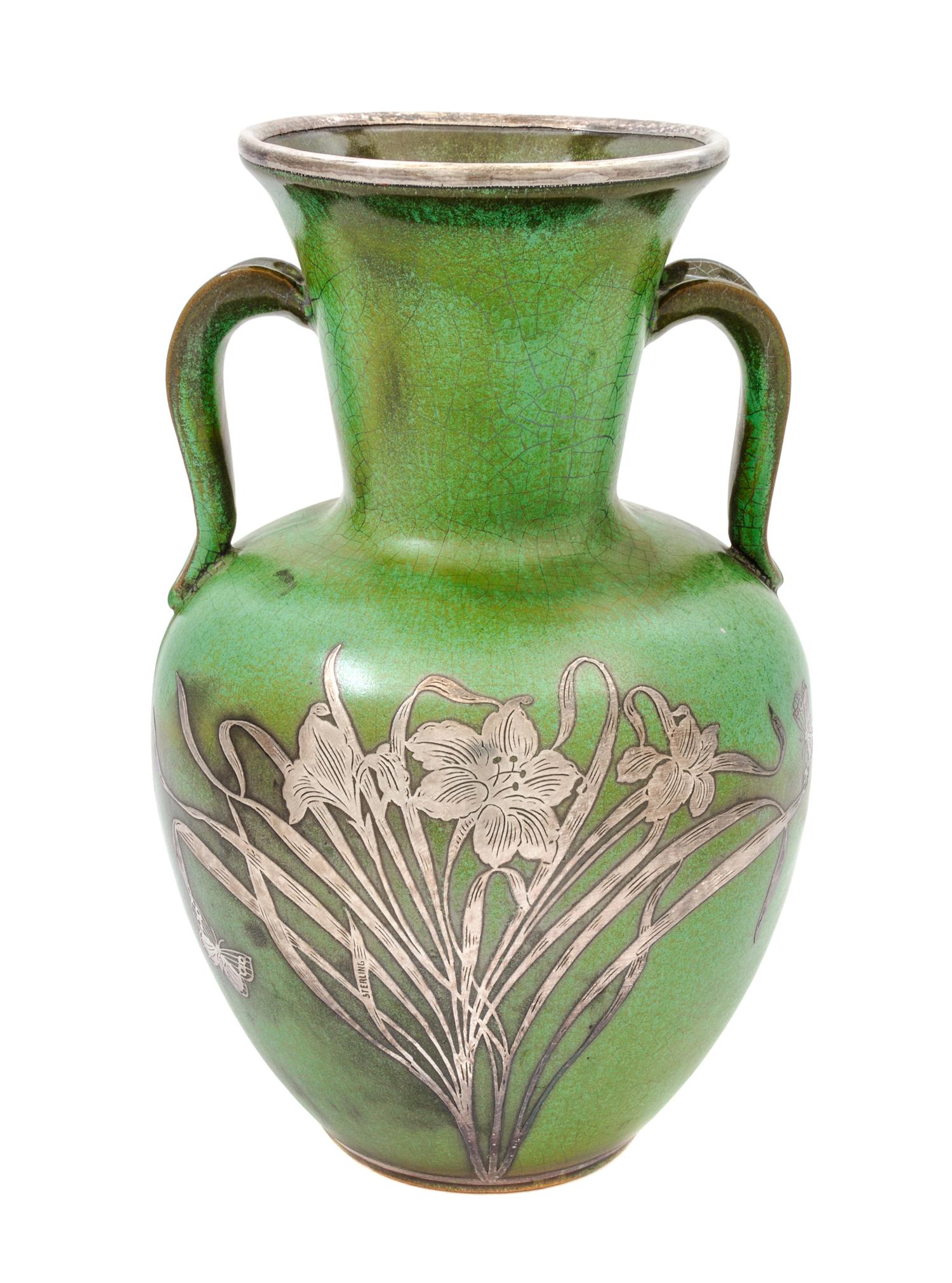 A Frankoma Pottery Silver Overlay Vase Height 10 5/8 inches.