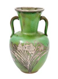 A Frankoma Pottery Silver Overlay Vase Height 10 5/8 inches.