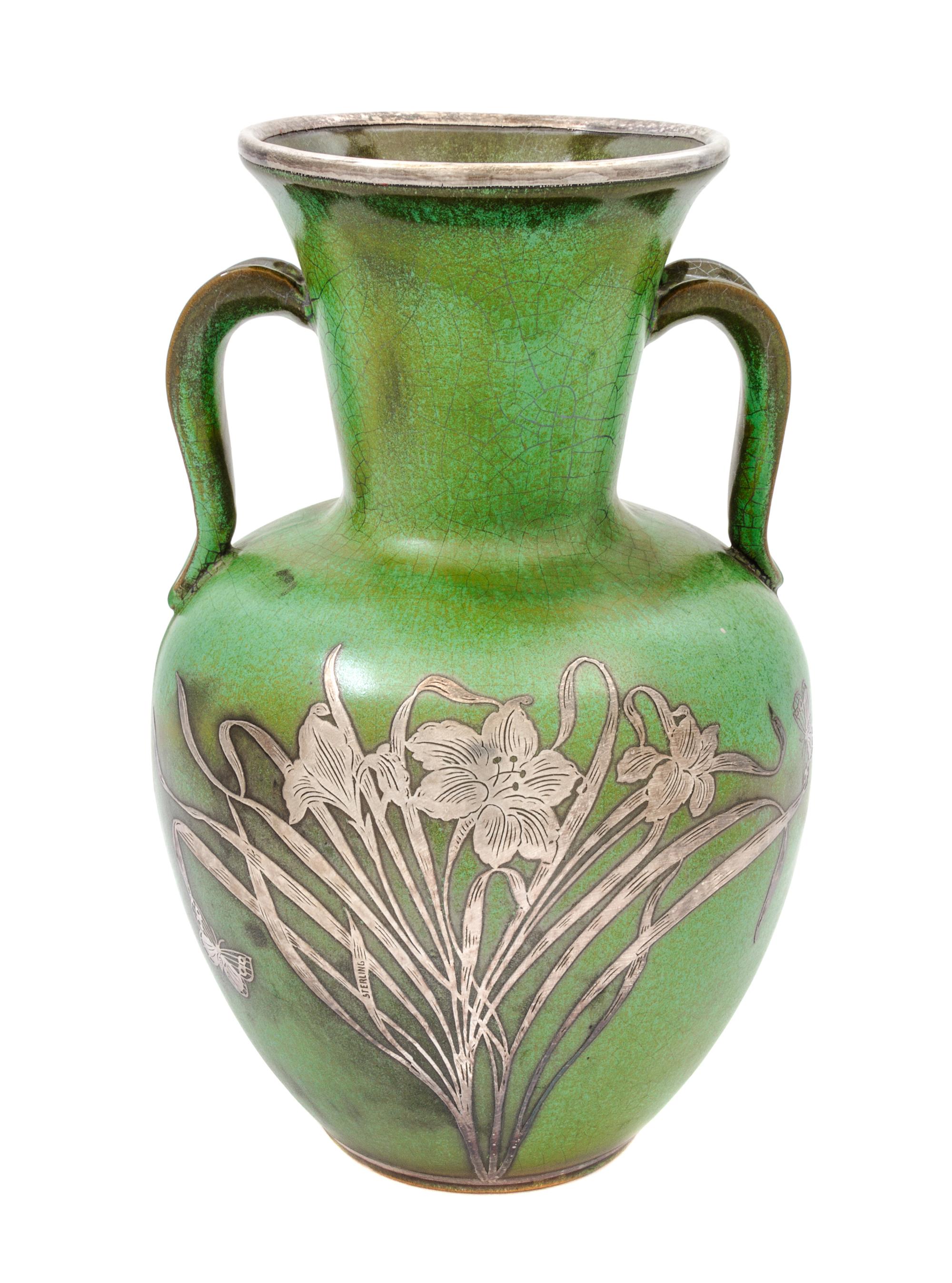 A Frankoma Pottery Silver Overlay Vase Height 10 5/8 inches.