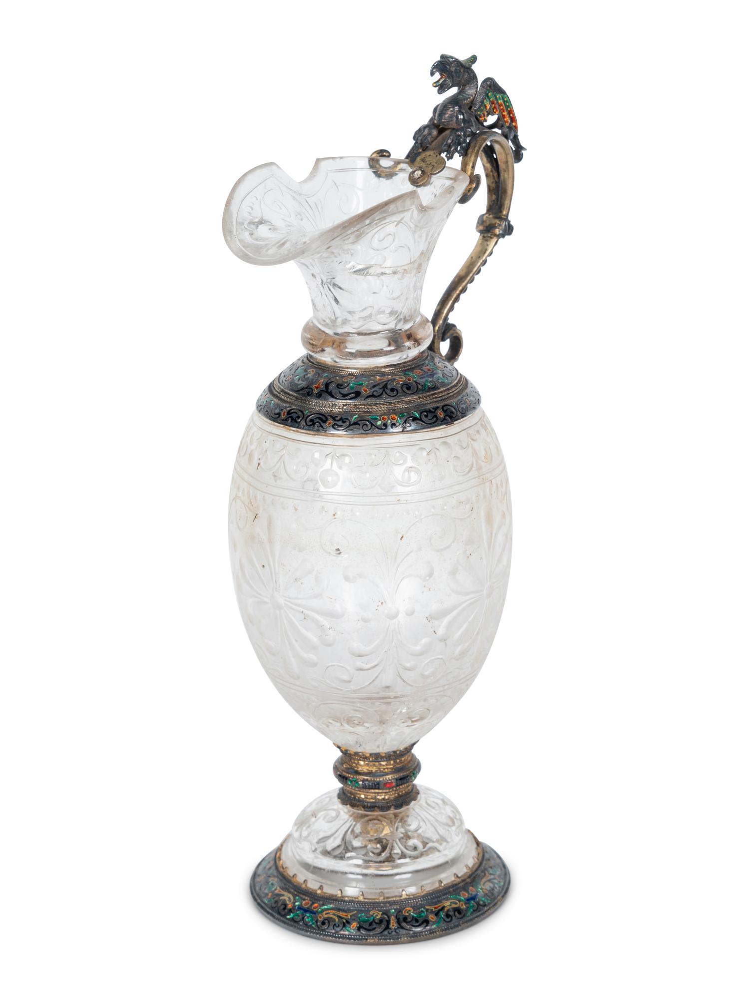 A Viennese Silver, Enamel and Rock Crystal Ewer