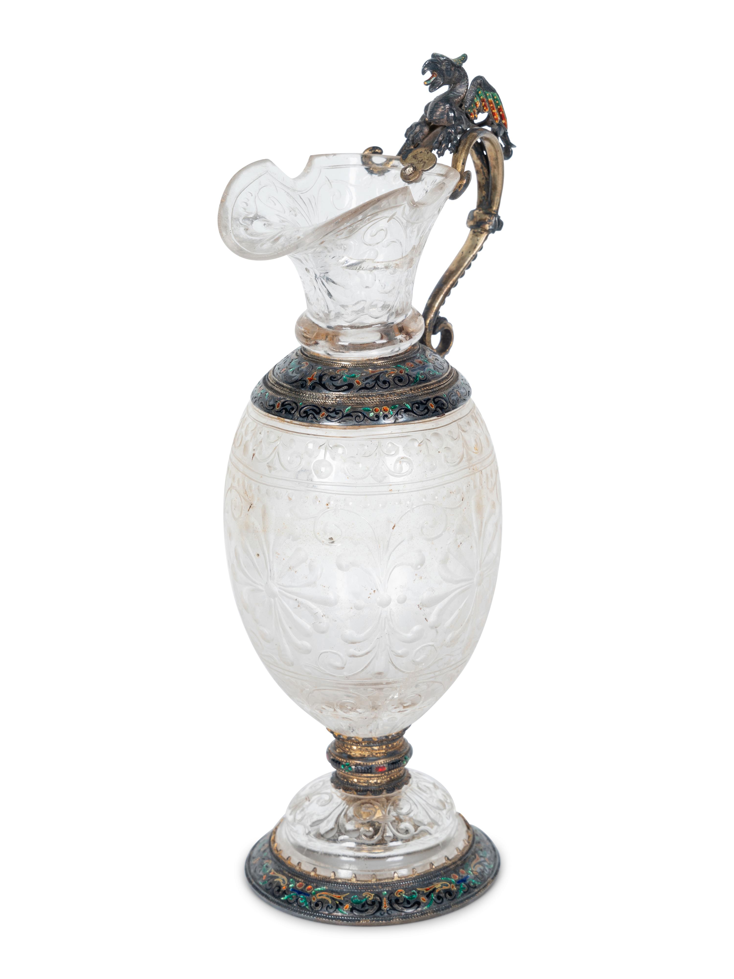 A Viennese Silver, Enamel and Rock Crystal Ewer