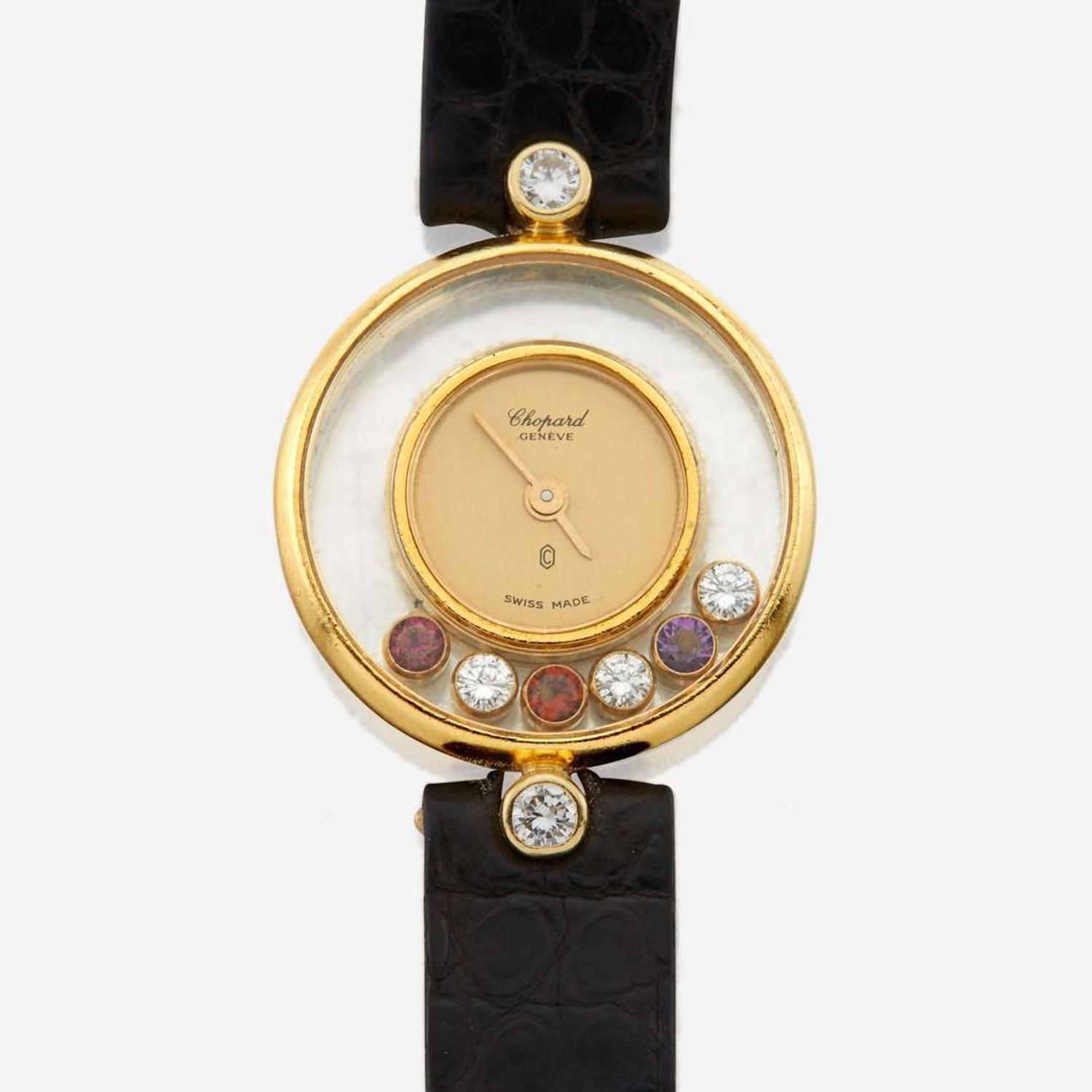 A lady's leather bracelet and gemstone wristwatch, Chopard "Happy Diamonds" Ref. 20.4069