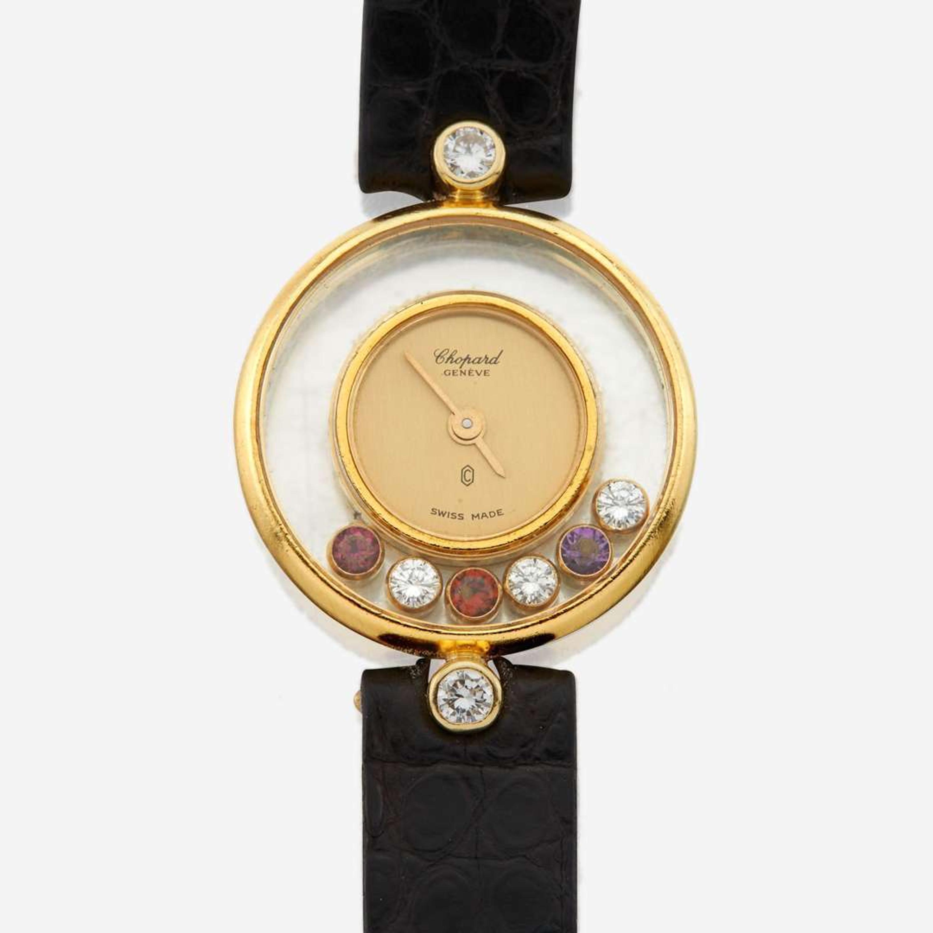 A lady's leather bracelet and gemstone wristwatch, Chopard "Happy Diamonds" Ref. 20.4069