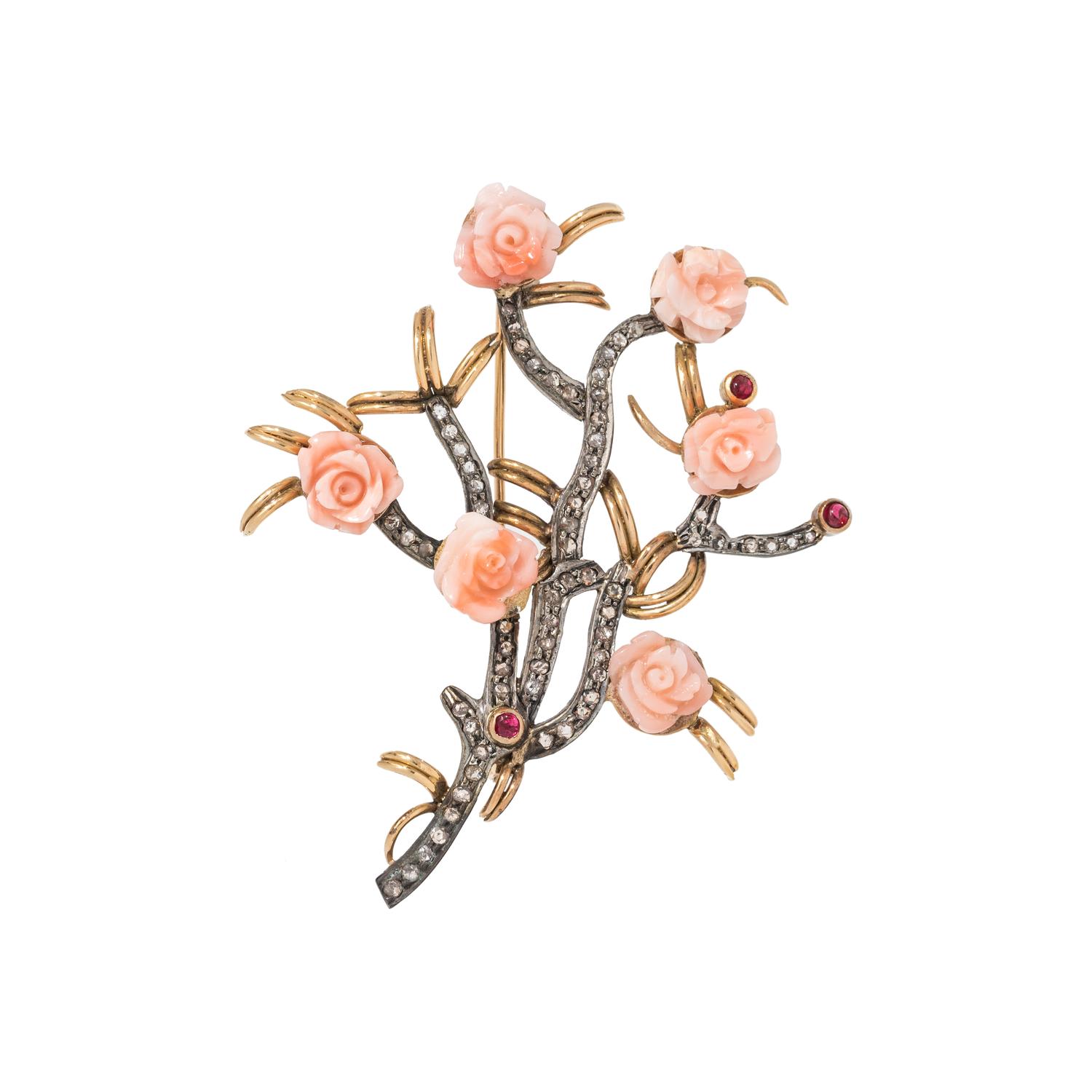 CORAL, RUBY AND DIAMOND ROSEBUSH PENDANT/BROOCH
